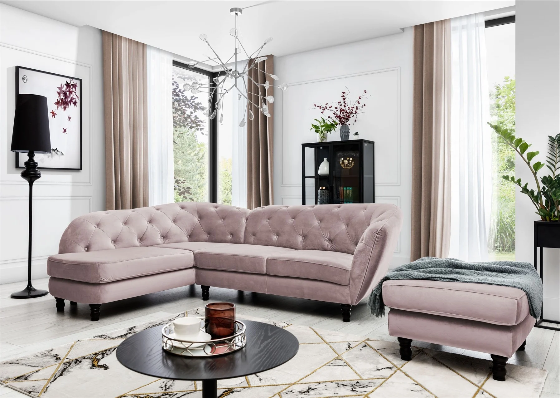 Ecksofa inkl.Hocker CHARLOTTE in Stoff Matt Velvet Altrosa Ottomane Links - Fun Moebel