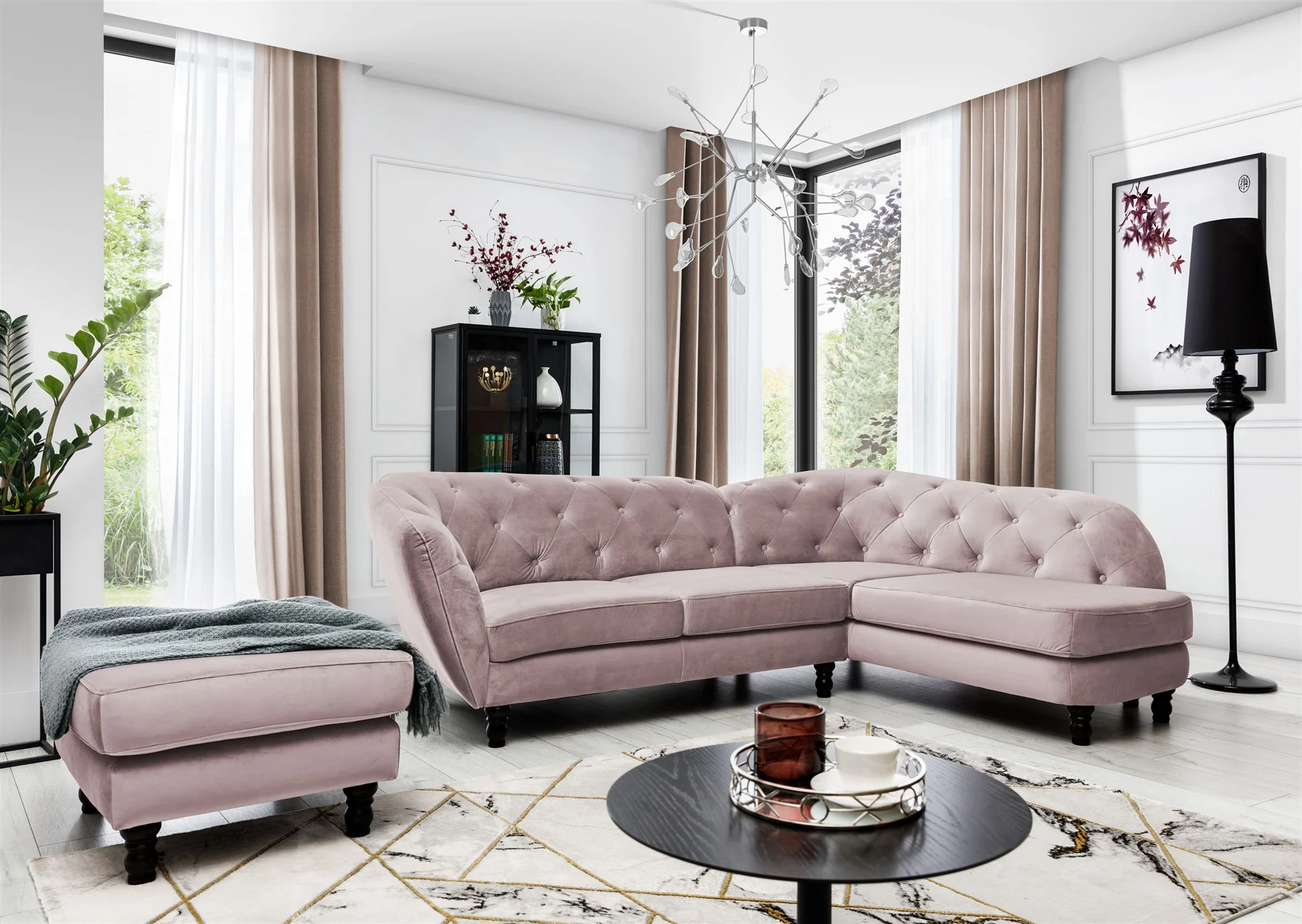 Ecksofa inkl.Hocker CHARLOTTE in Stoff Matt Velvet Altrosa Ottomane Rechts - Fun Moebel