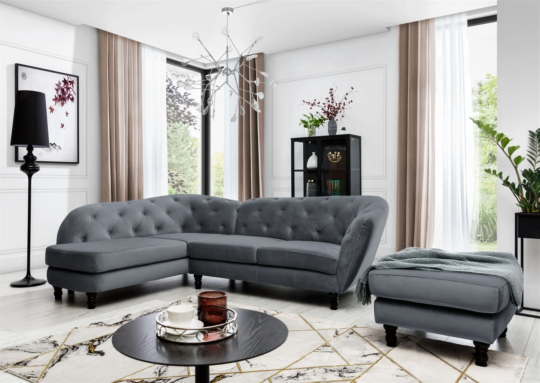 Ecksofa inkl.Hocker CHARLOTTE in Stoff Matt Velvet Anthrazit Ottomane Links - Fun Moebel