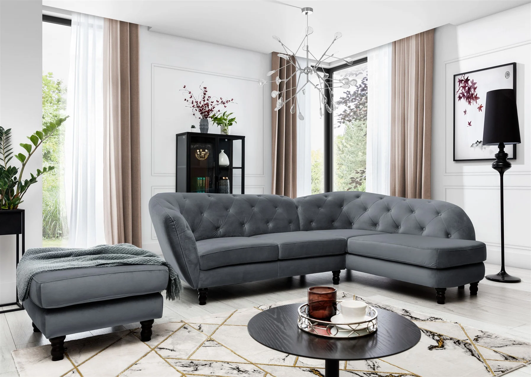 Ecksofa inkl.Hocker CHARLOTTE in Stoff Matt Velvet Anthrazit Ottomane Rechts - Fun Moebel