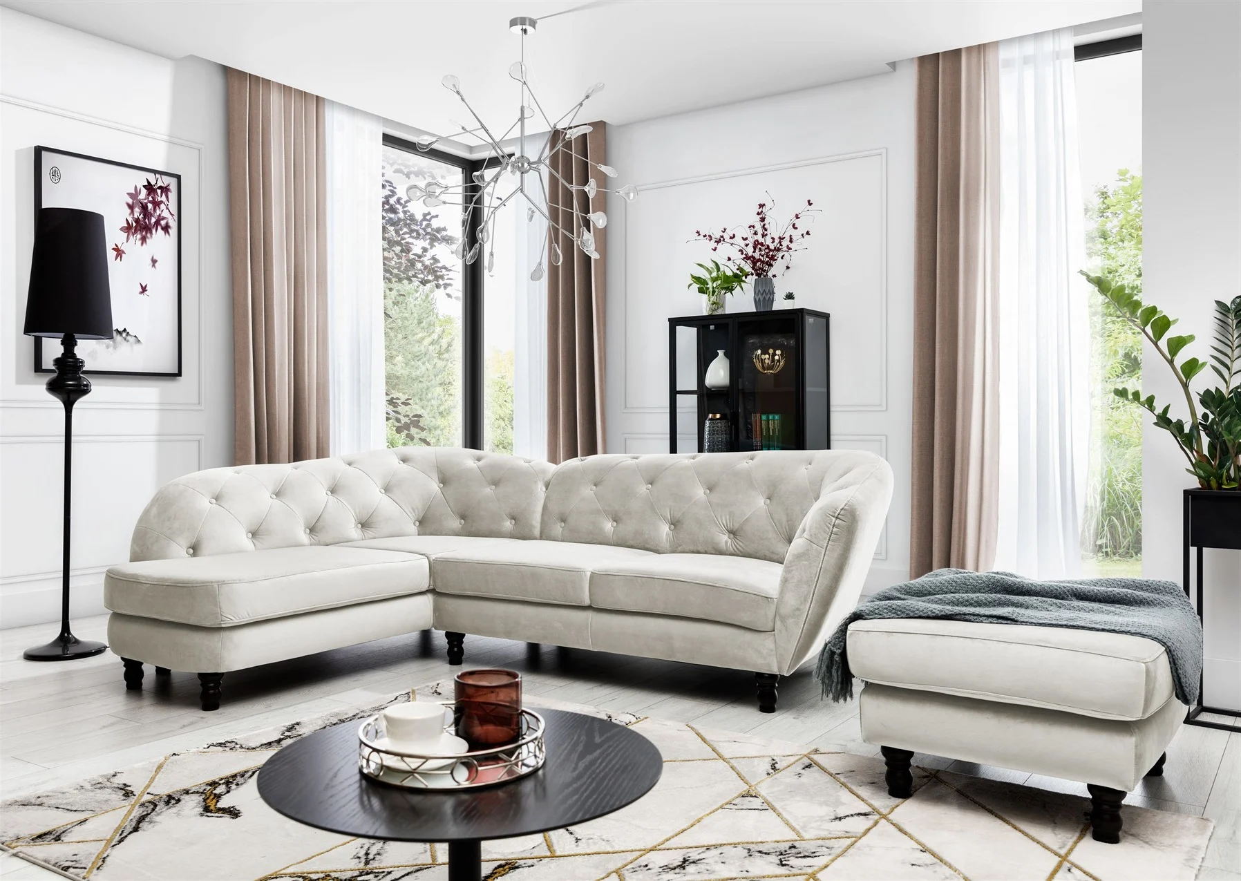 Ecksofa inkl.Hocker CHARLOTTE in Stoff Matt Velvet Beige Ottomane Links - Fun Moebel