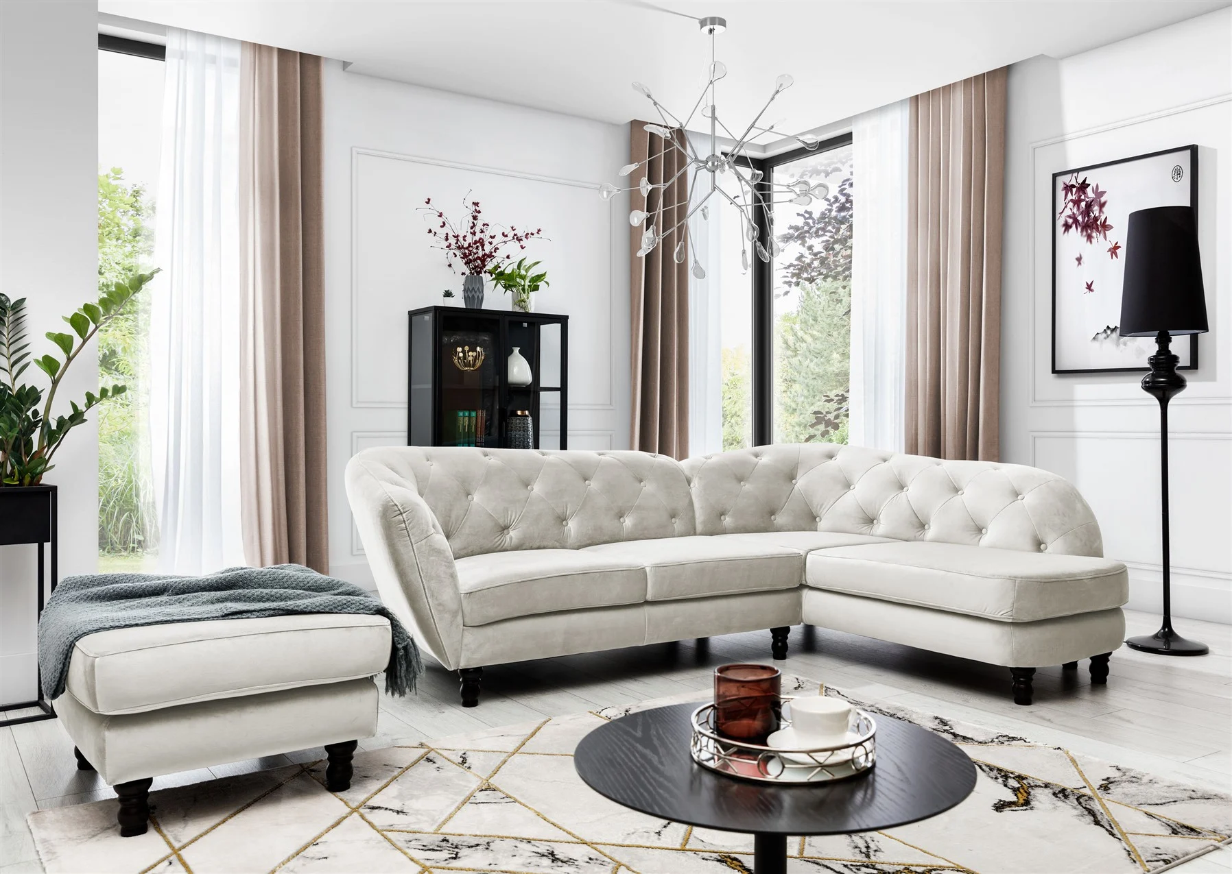 Ecksofa inkl.Hocker CHARLOTTE in Stoff Matt Velvet Beige Ottomane Rechts - Fun Moebel
