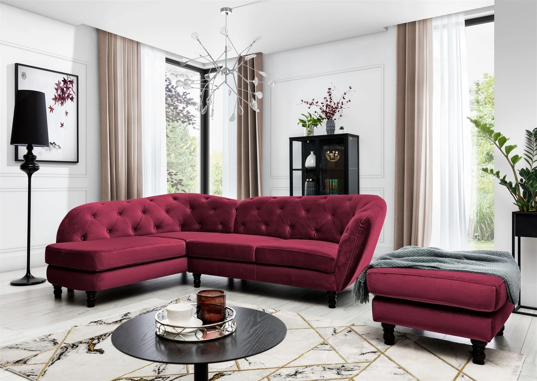 Ecksofa inkl.Hocker CHARLOTTE in Stoff Matt Velvet Bordeaux Ottomane Links - Fun Moebel