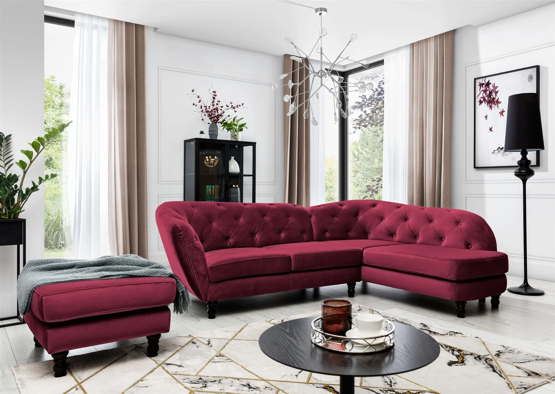 Ecksofa inkl.Hocker CHARLOTTE in Stoff Matt Velvet Bordeaux Ottomane Rechts - Fun Moebel