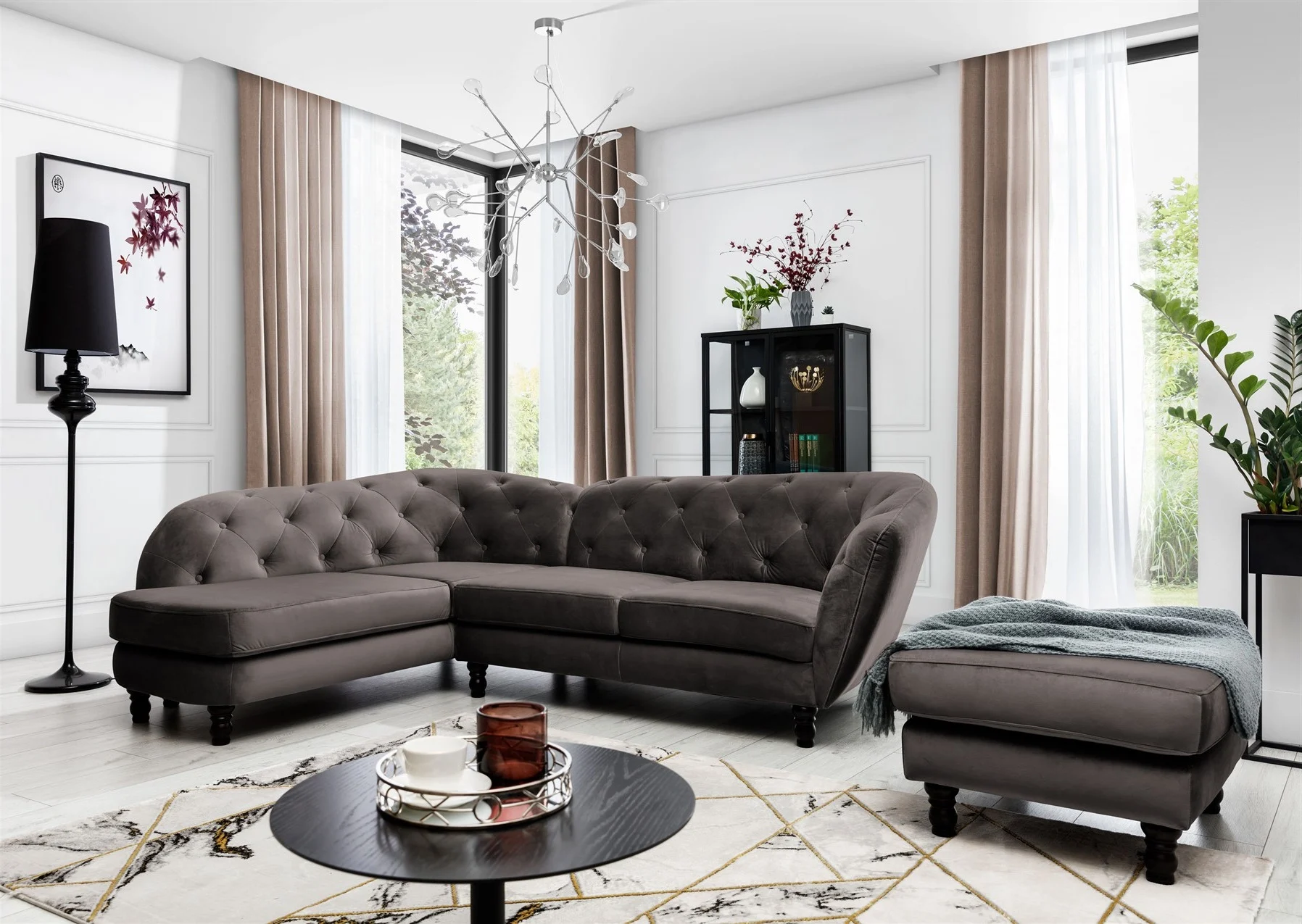 Ecksofa inkl.Hocker CHARLOTTE in Stoff Matt Velvet Braun Ottomane Links - Fun Moebel