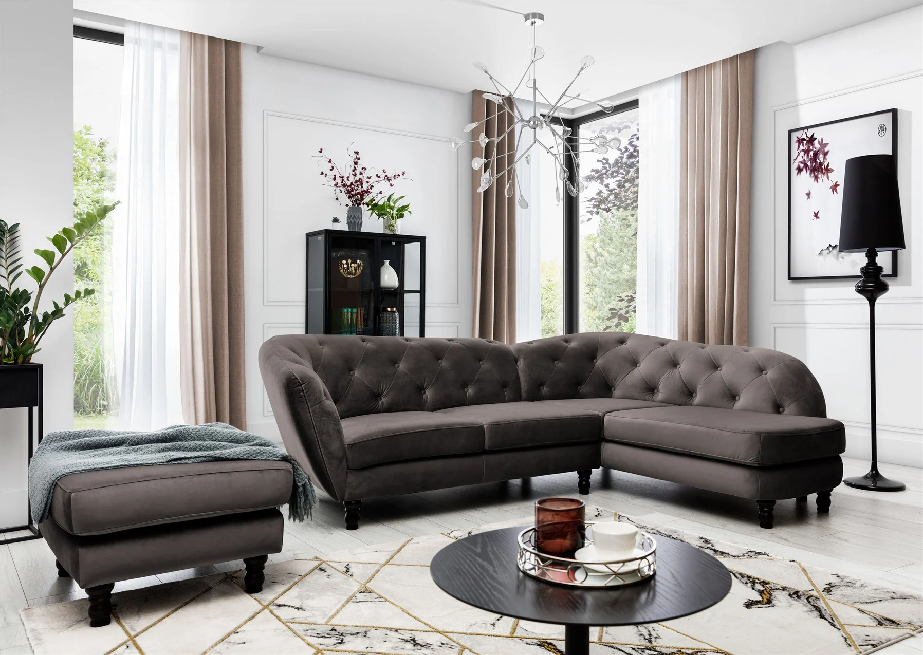 Ecksofa inkl.Hocker CHARLOTTE in Stoff Matt Velvet Braun Ottomane Rechts - Fun Moebel