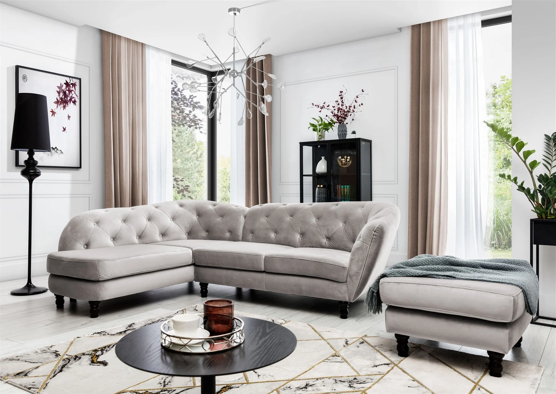 Ecksofa inkl.Hocker CHARLOTTE in Stoff Matt Velvet Cappuccino Ottomane Links - Fun Moebel