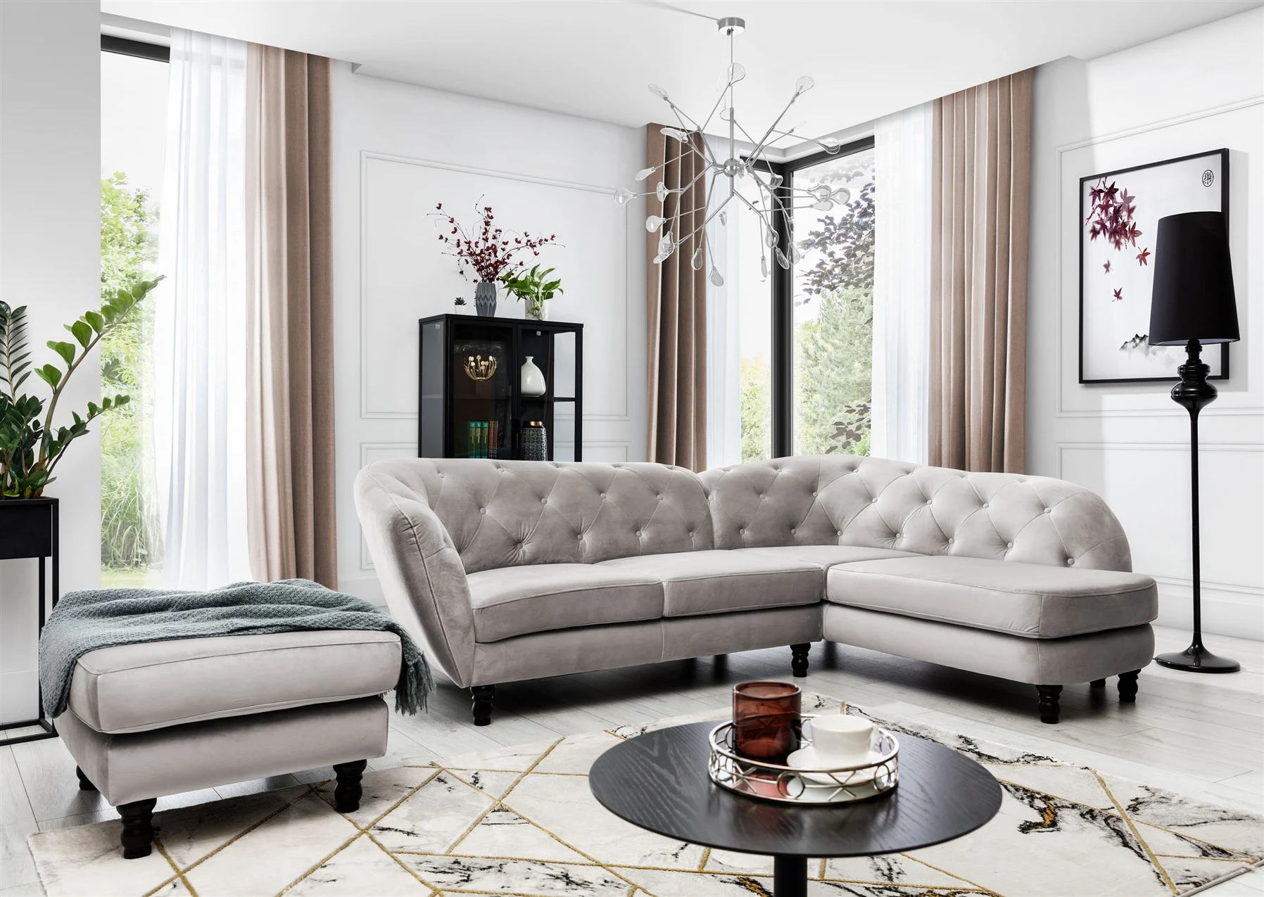 Ecksofa inkl.Hocker CHARLOTTE in Stoff Matt Velvet Cappuccino Ottomane Rechts - Fun Moebel
