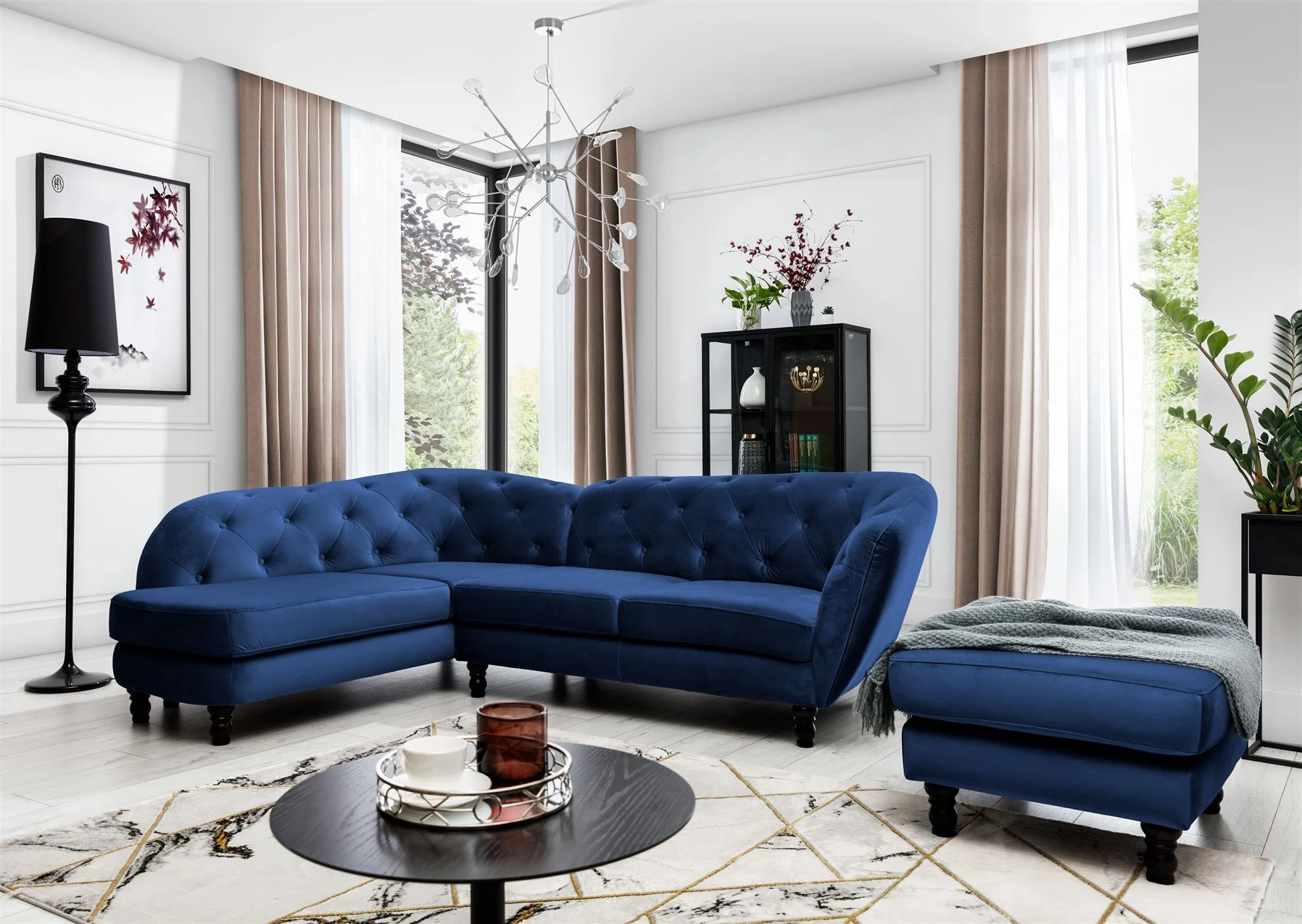 Ecksofa inkl.Hocker CHARLOTTE in Stoff Matt Velvet Dunkelblau Ottomane Links - Fun Moebel