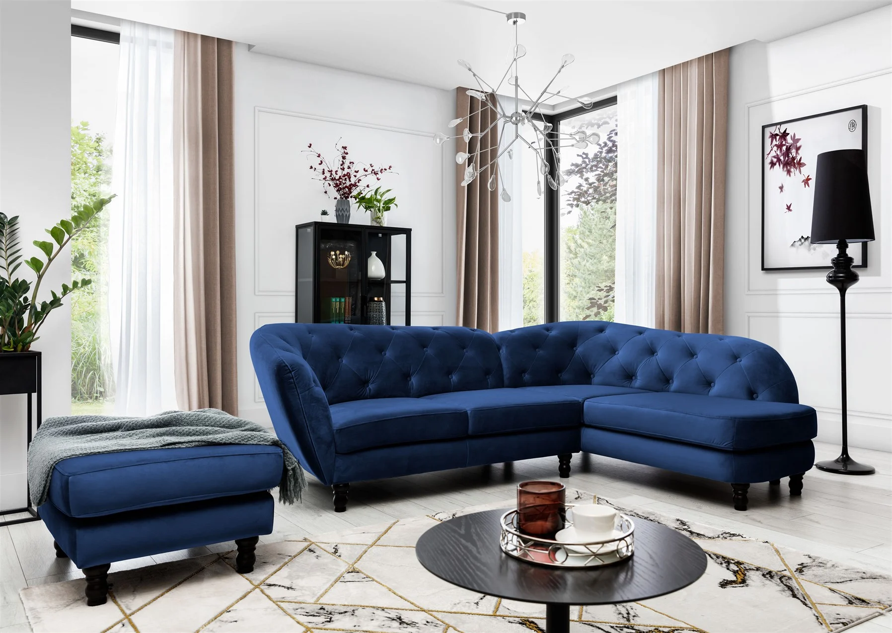 Ecksofa inkl.Hocker CHARLOTTE in Stoff Matt Velvet Dunkelblau Ottomane Rechts - Fun Moebel