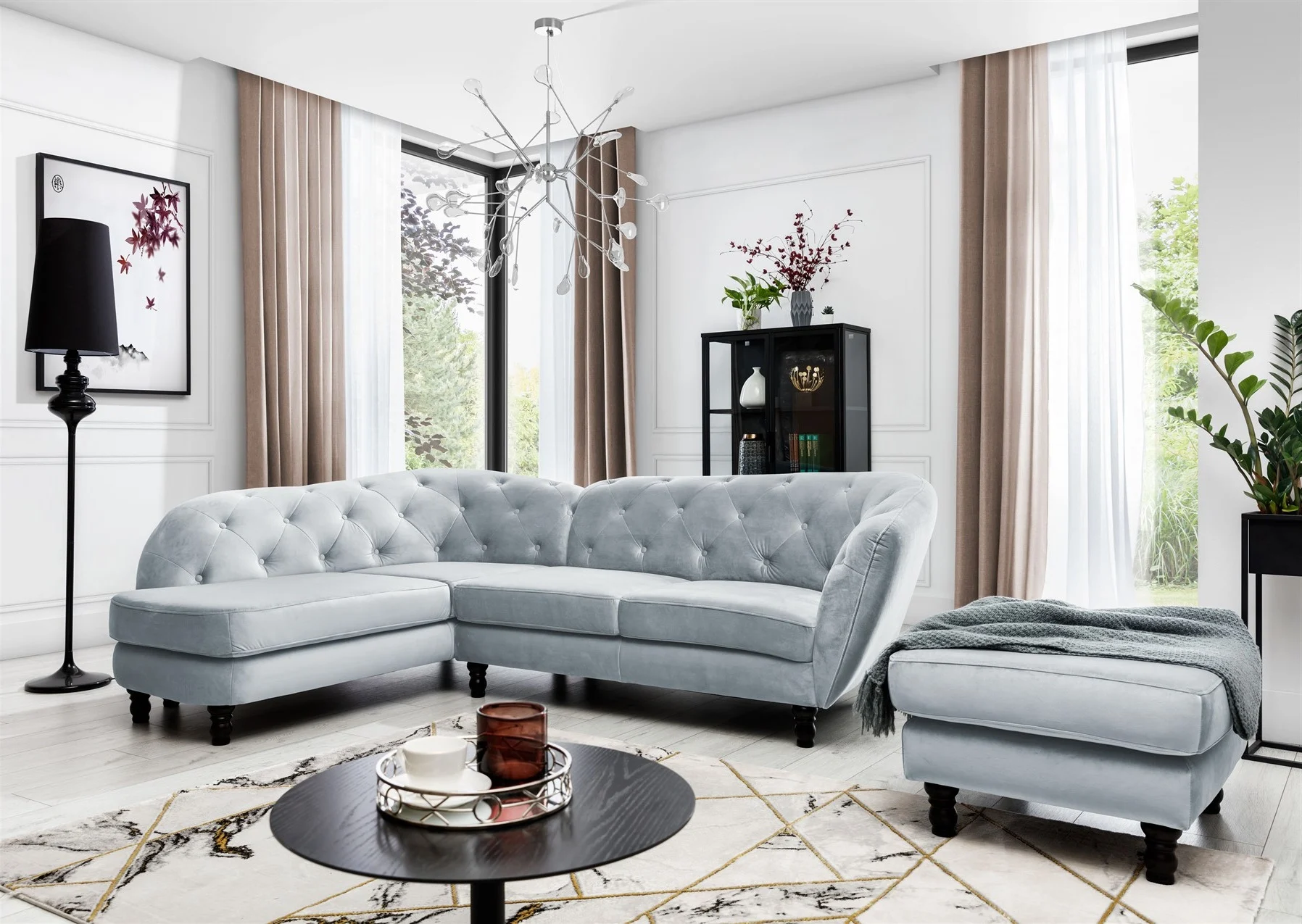 Ecksofa inkl.Hocker CHARLOTTE in Stoff Matt Velvet Hellgrau Ottomane Links - Fun Moebel