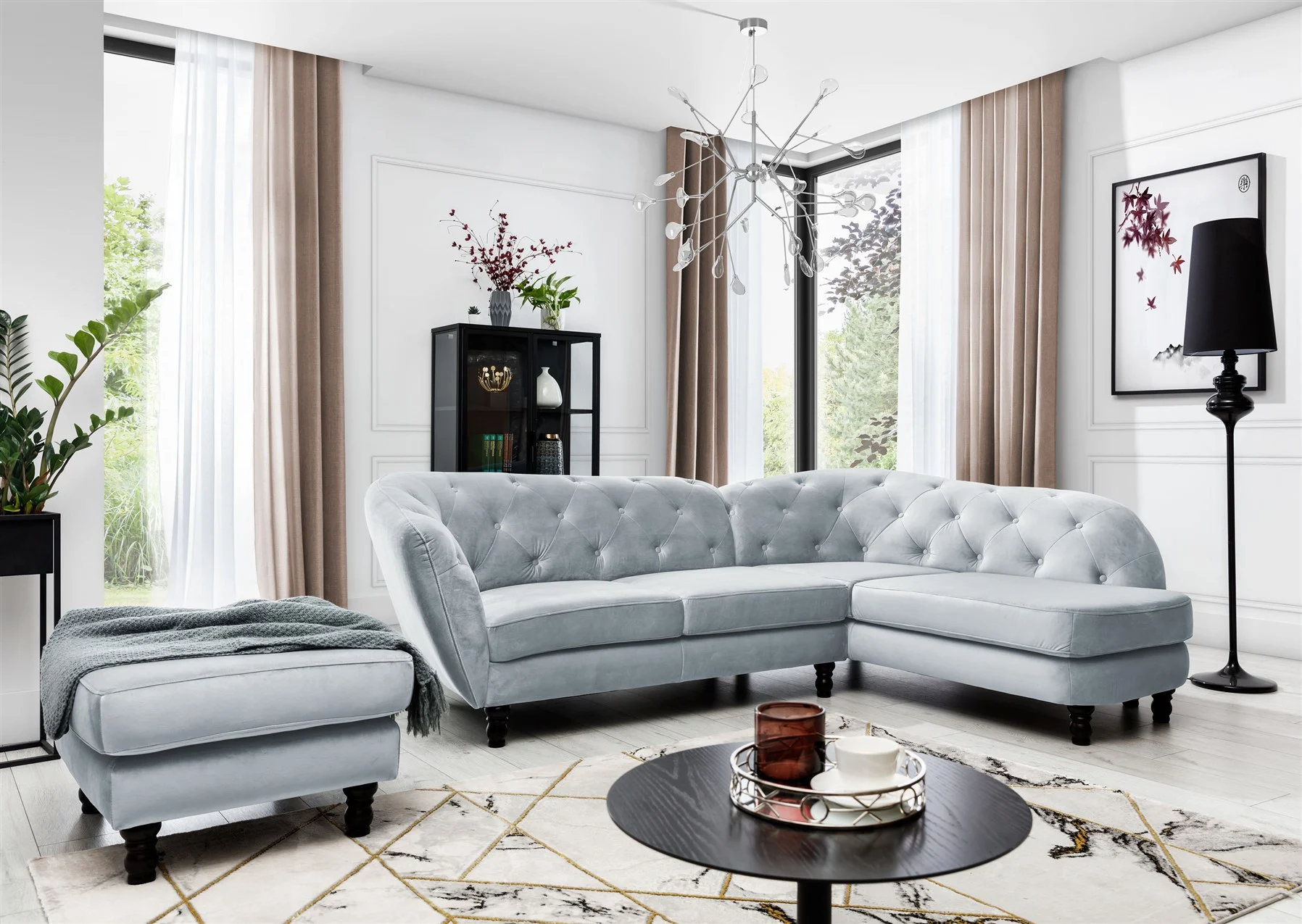 Ecksofa inkl.Hocker CHARLOTTE in Stoff Matt Velvet Hellgrau Ottomane Rechts - Fun Moebel