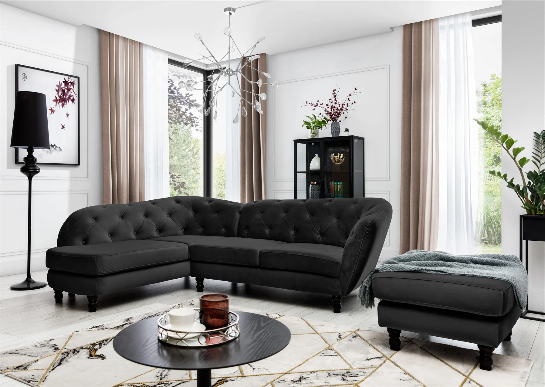 Ecksofa inkl.Hocker CHARLOTTE in Stoff Matt Velvet Schwarz Ottomane Links - Fun Moebel