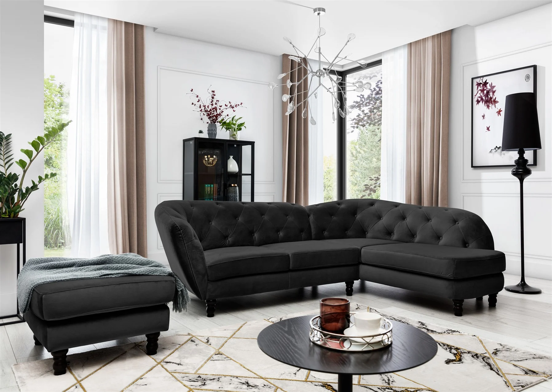 Ecksofa inkl.Hocker CHARLOTTE in Stoff Matt Velvet Schwarz Ottomane Rechts - Fun Moebel