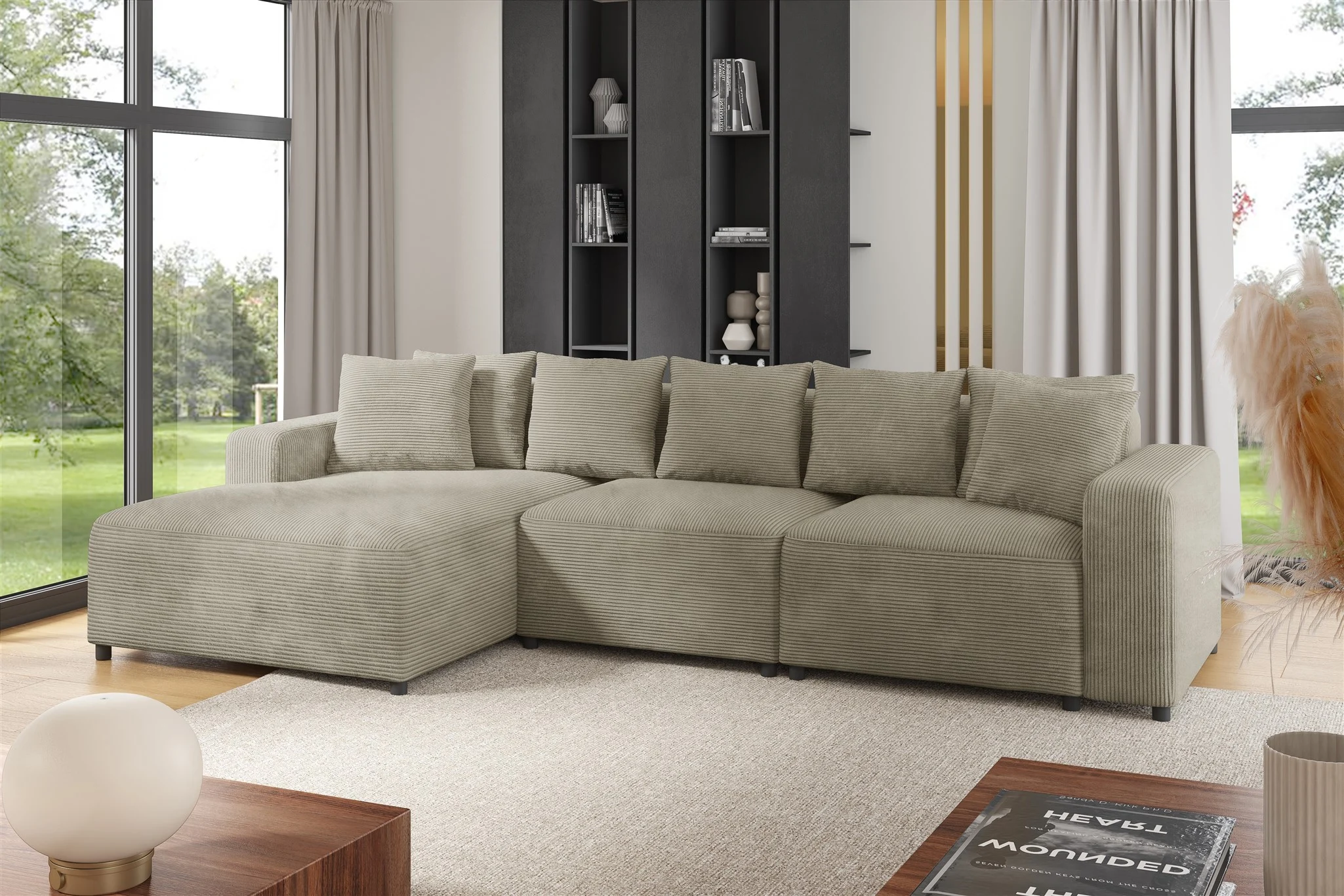 Ecksofa Designersofa Sofa MEGAN in Stoff Poso Beige Ottomane Links - Fun Möbel