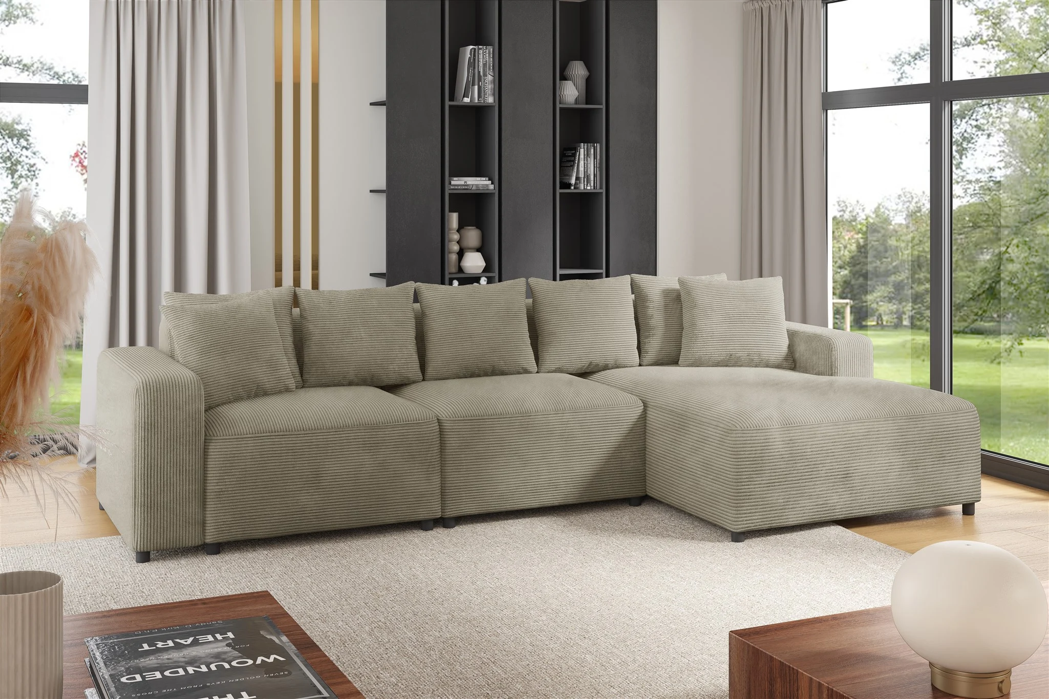 Ecksofa Designersofa Sofa MEGAN in Stoff Poso Beige Ottomane Rechts - Fun Möbel