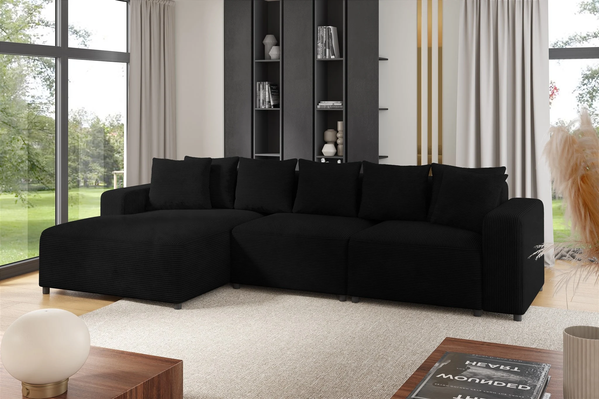 Ecksofa Designersofa Sofa MEGAN in Stoff Poso Schwarz Ottomane Links - Fun Möbel