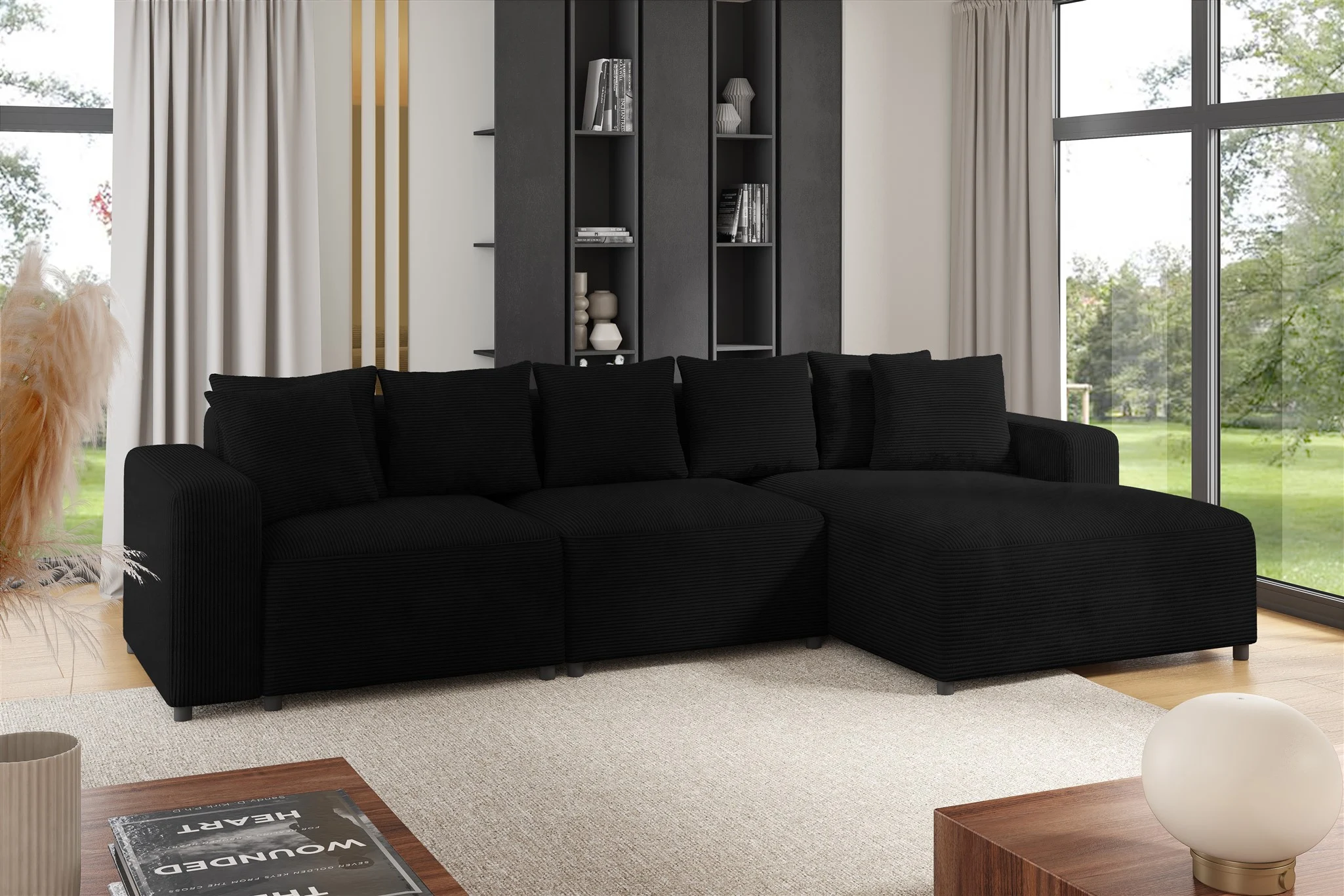 Ecksofa Designersofa Sofa MEGAN in Stoff Poso Schwarz Ottomane Rechts - Fun Möbel