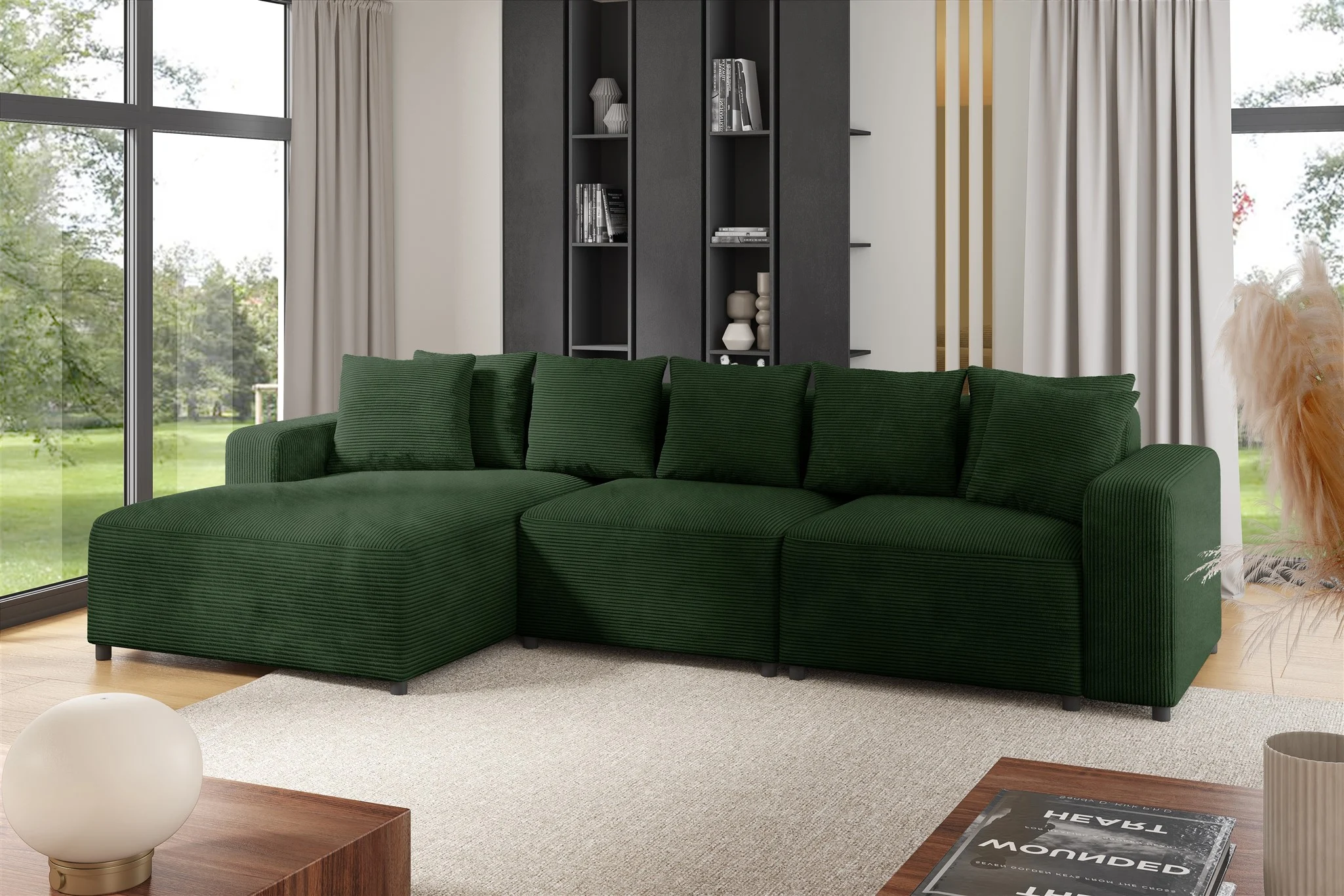 Ecksofa Designersofa Sofa MEGAN in Stoff Poso Dunkelgrün Ottomane Links - Fun Möbel
