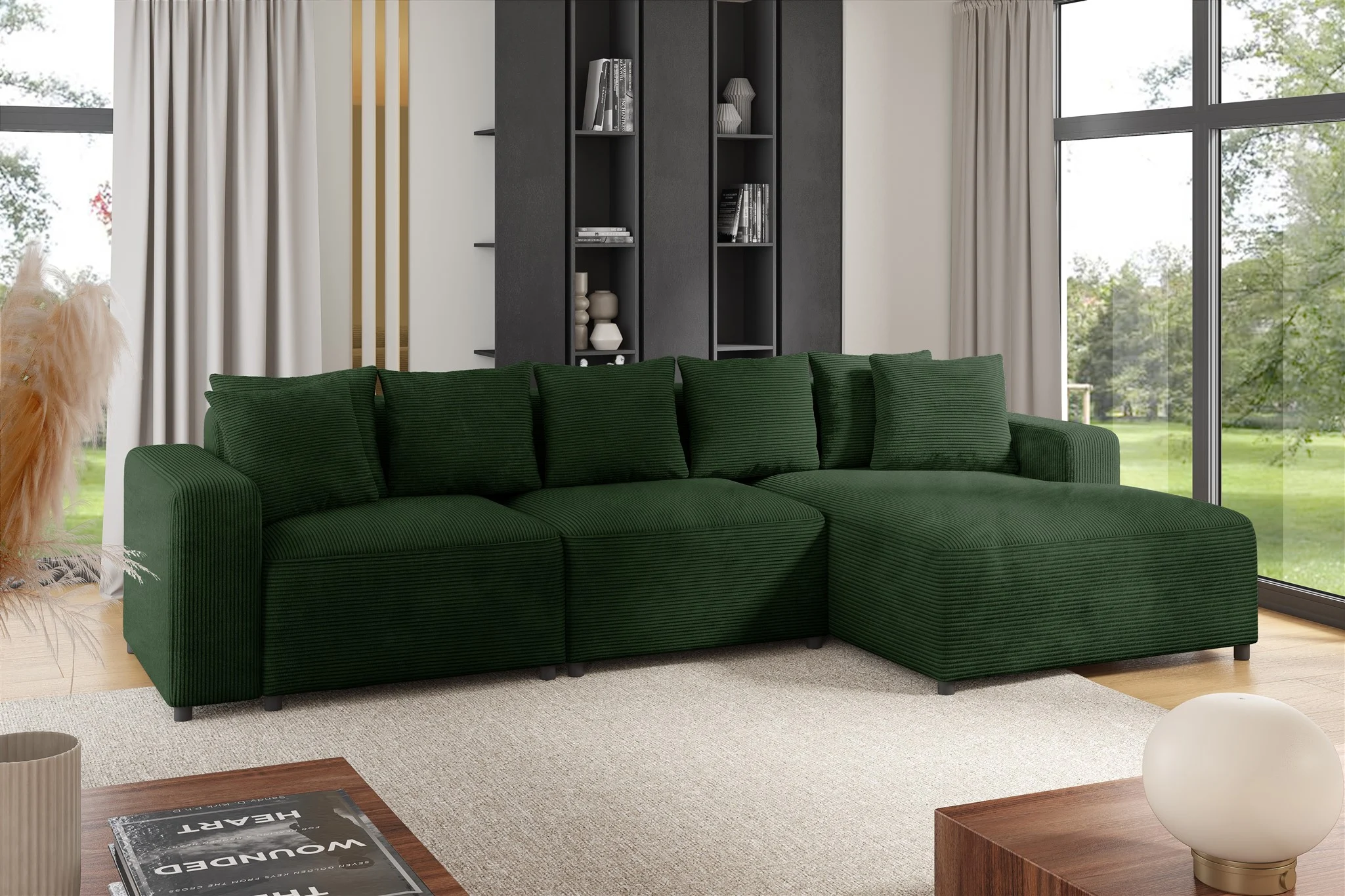 Ecksofa Designersofa Sofa MEGAN in Stoff Poso Dunkelgrün Ottomane Rechts - Fun Möbel