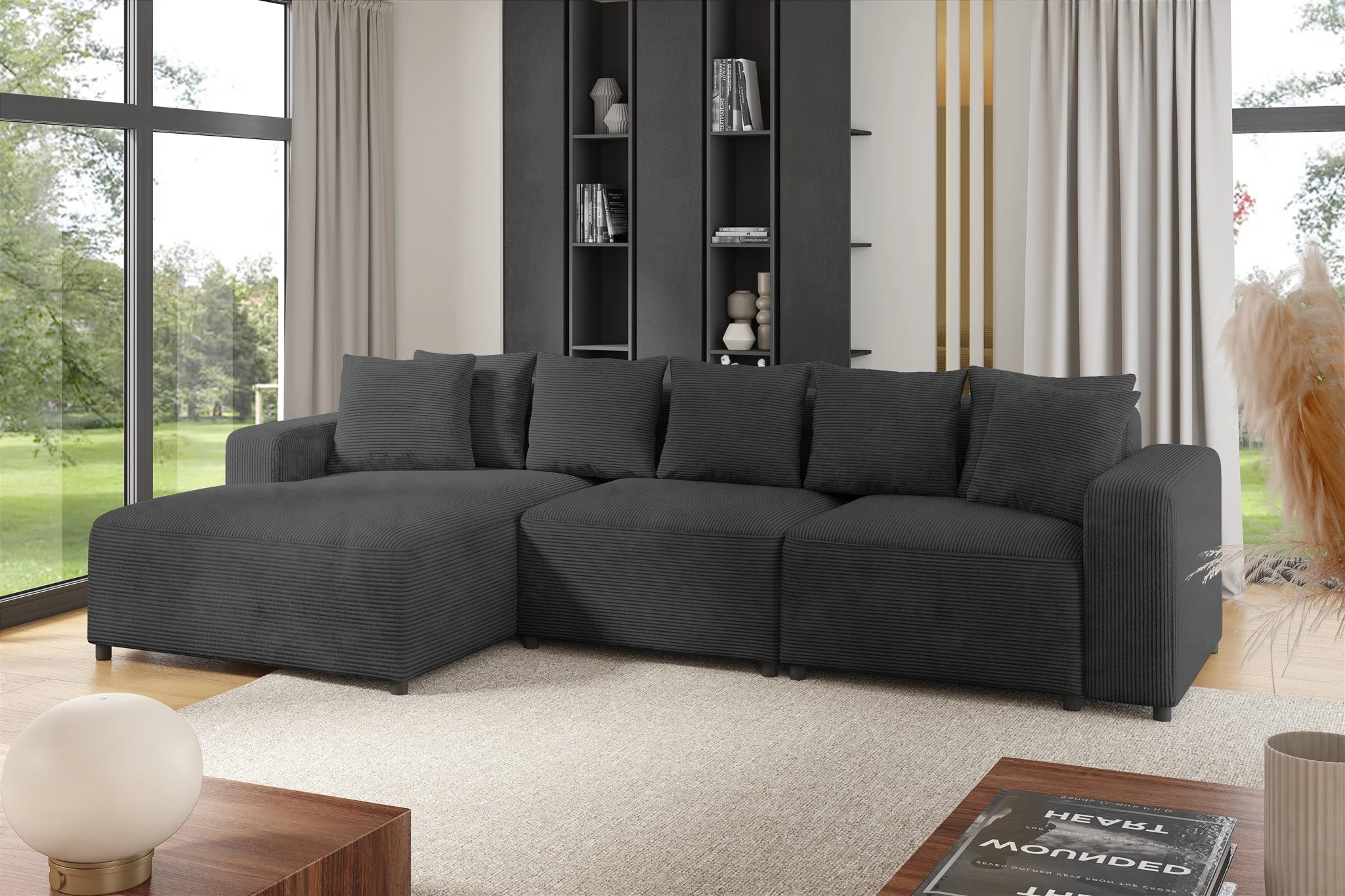 Ecksofa Designersofa Sofa MEGAN in Stoff Poso Dunkelgrau Ottomane Links - Fun Möbel