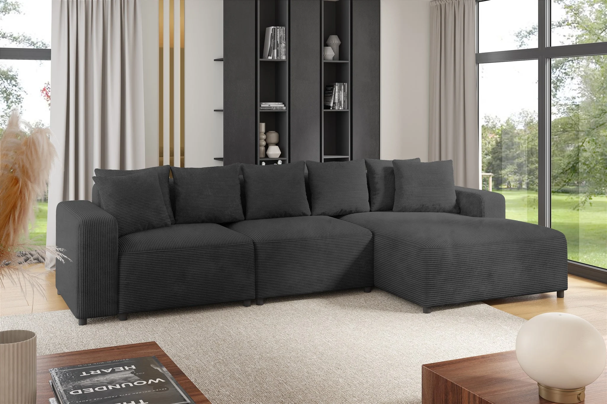 Ecksofa Designersofa Sofa MEGAN in Stoff Poso Dunkelgrau Ottomane Rechts - Fun Möbel