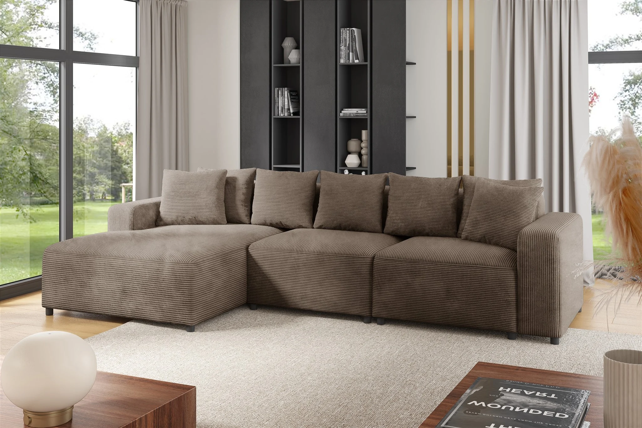 Ecksofa Designersofa Sofa MEGAN in Stoff Poso Cappuccino Ottomane Links - Fun Möbel