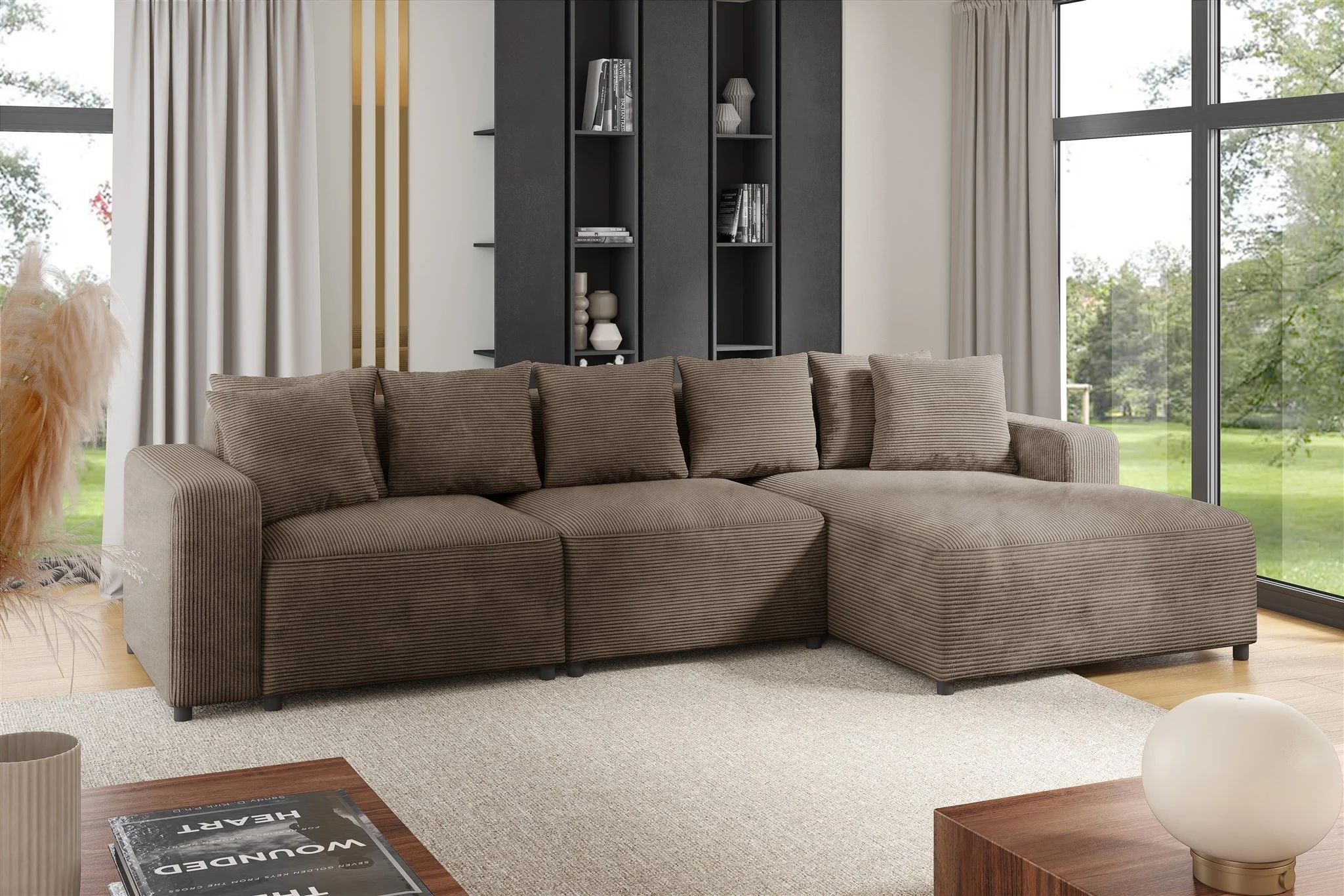 Ecksofa Designersofa Sofa MEGAN in Stoff Poso Cappuccino Ottomane Rechts - Fun Möbel