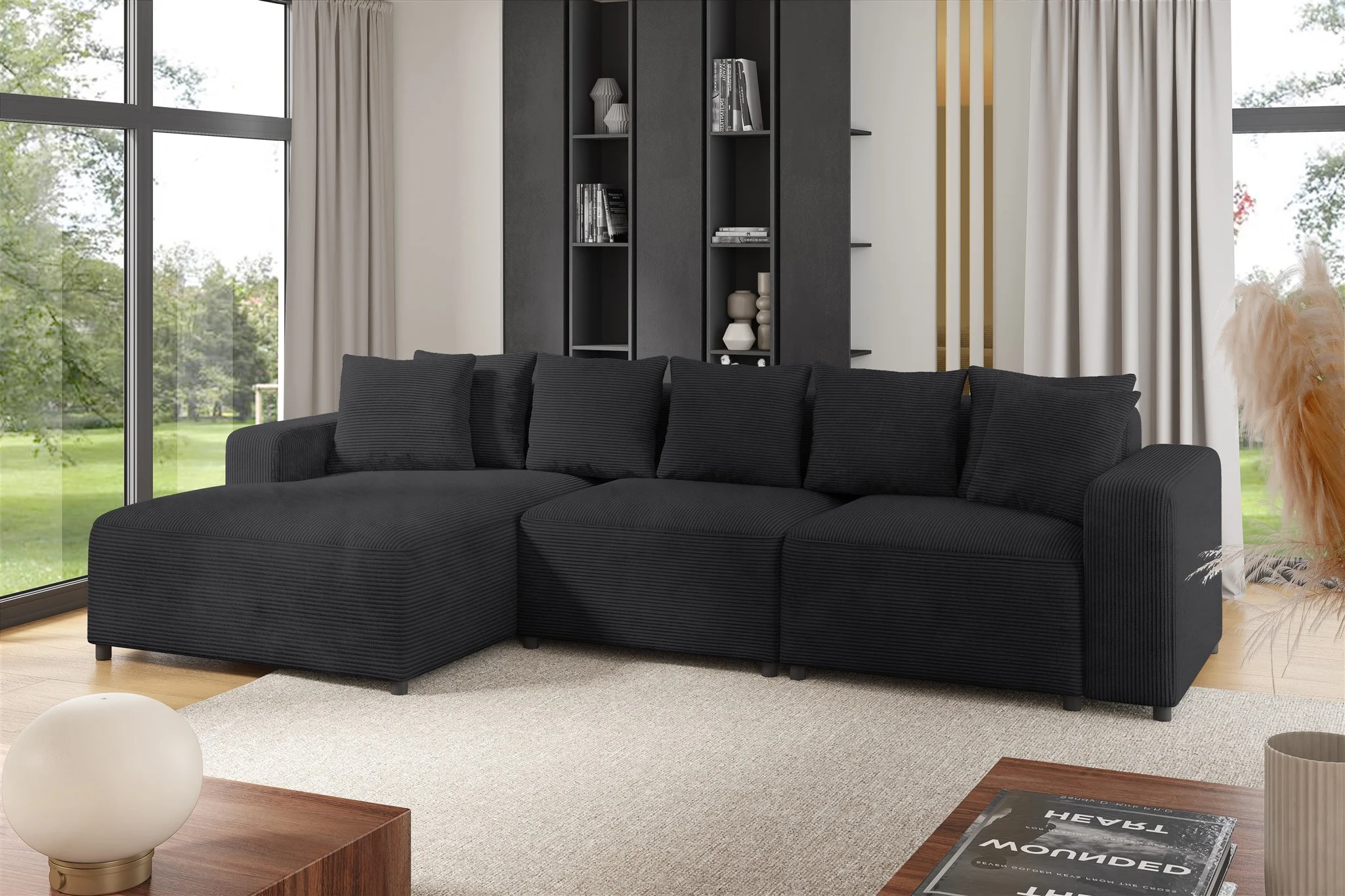Ecksofa Designersofa Sofa MEGAN in Stoff Poso Anthrazit Ottomane Links - Fun Möbel