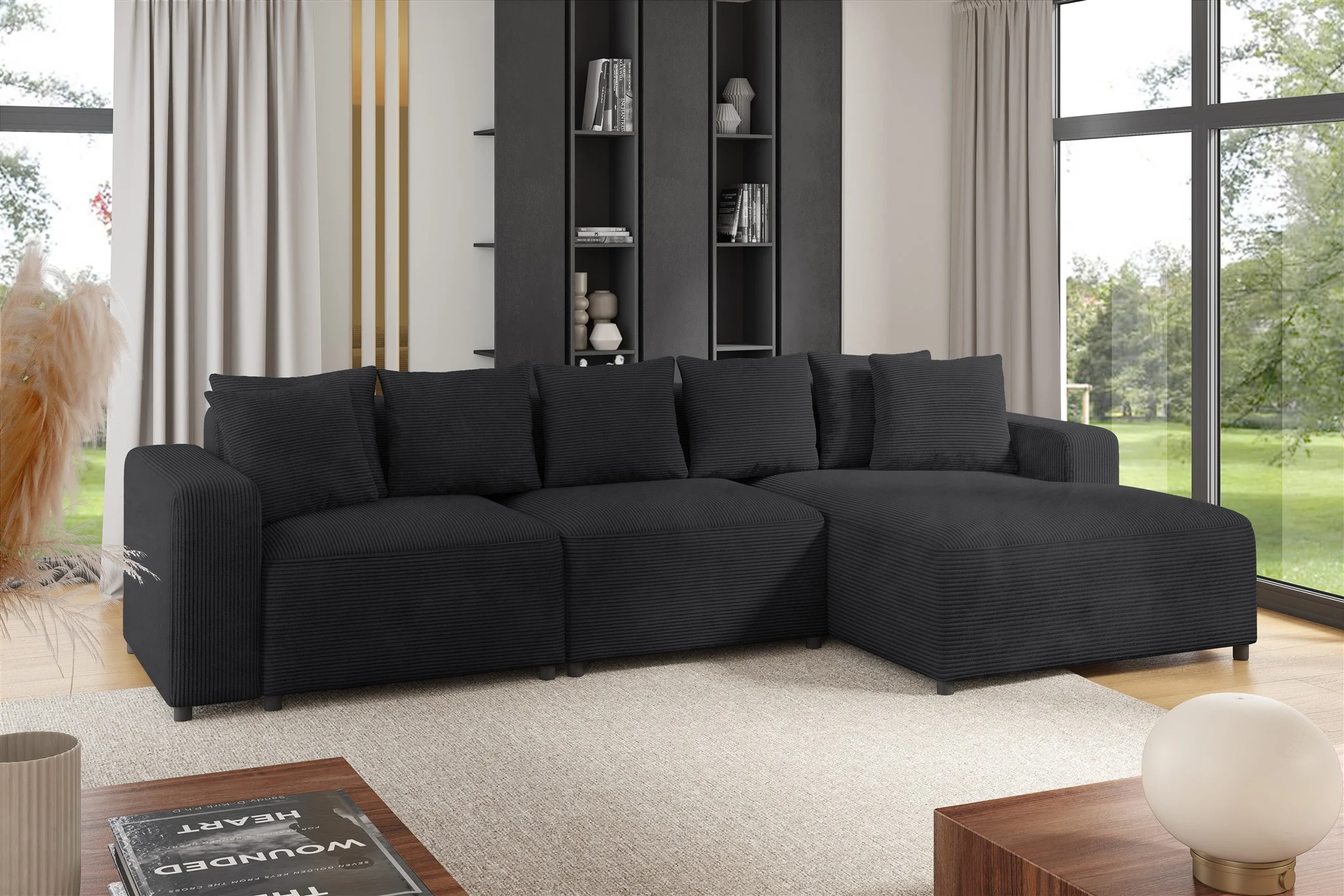 Ecksofa Designersofa Sofa MEGAN in Stoff Poso Anthrazit Ottomane Rechts - Fun Möbel