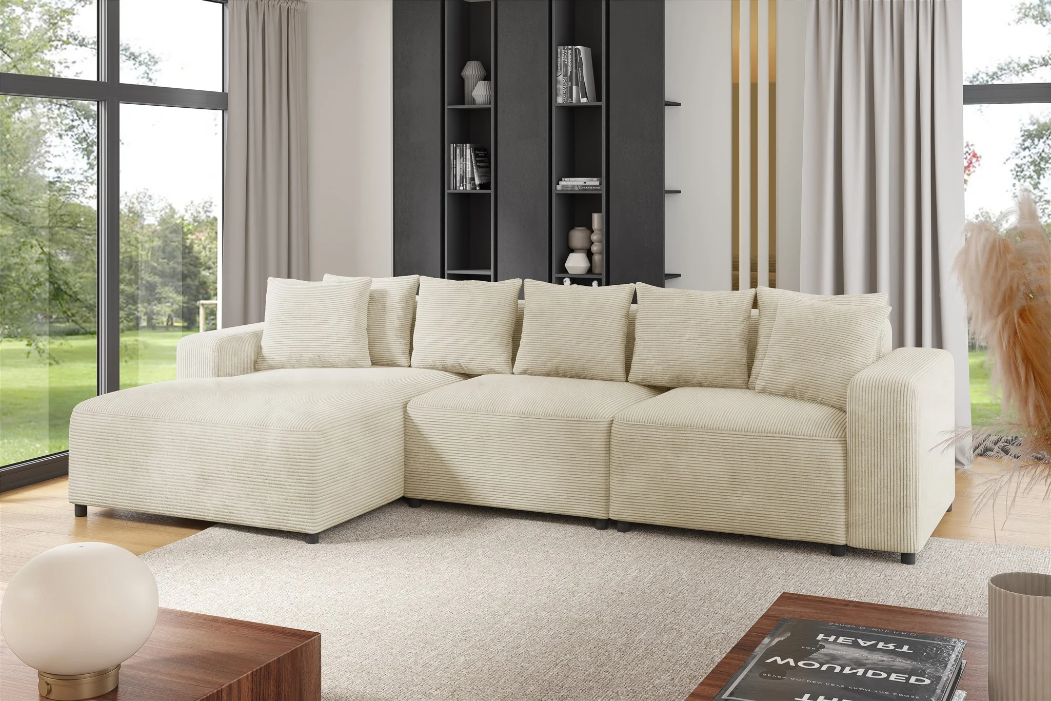 Ecksofa Designersofa Sofa MEGAN in Stoff Poso Creme Ottomane Links - Fun Möbel