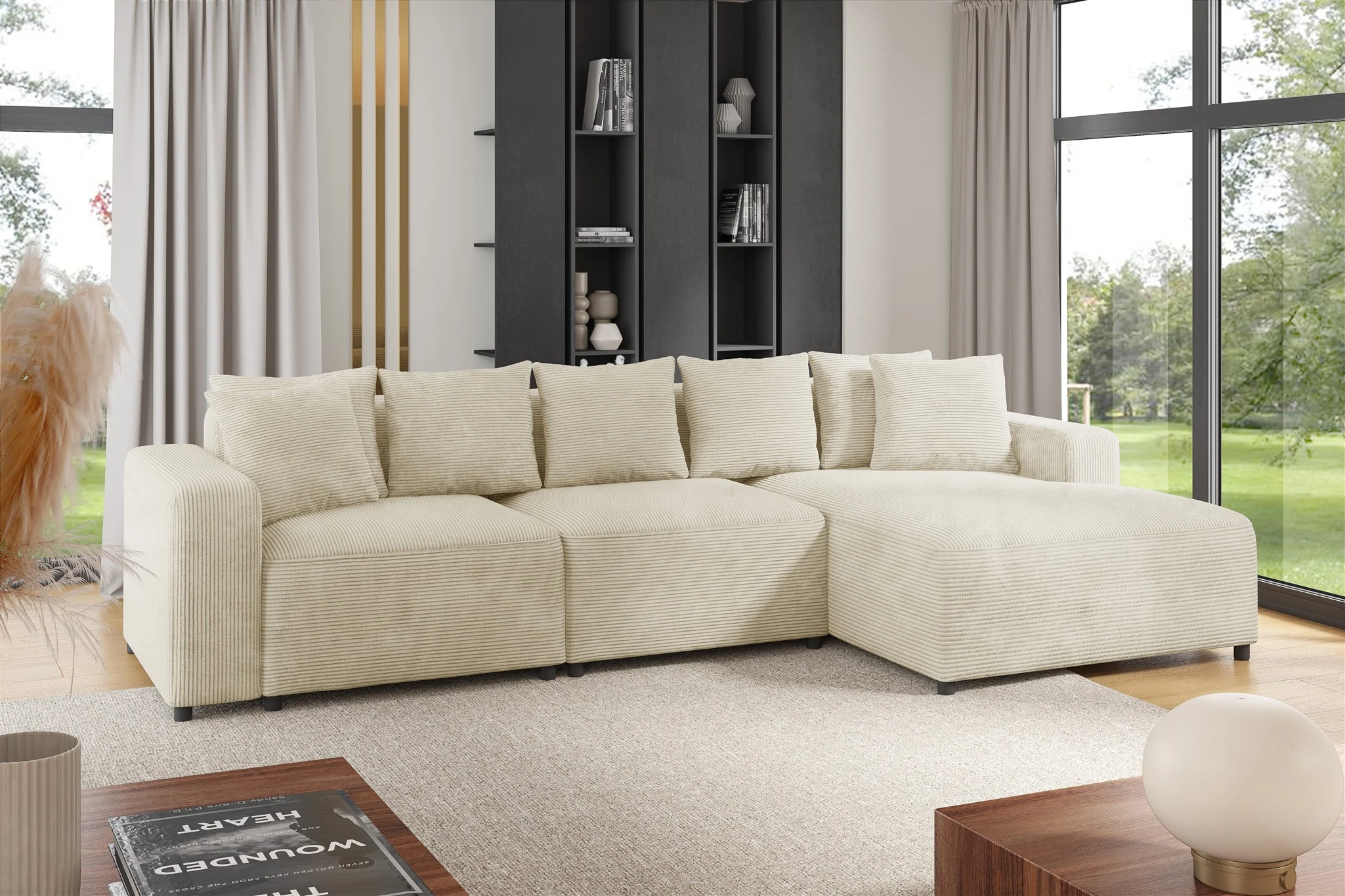 Ecksofa Designersofa Sofa MEGAN in Stoff Poso Creme Ottomane Rechts - Fun Möbel