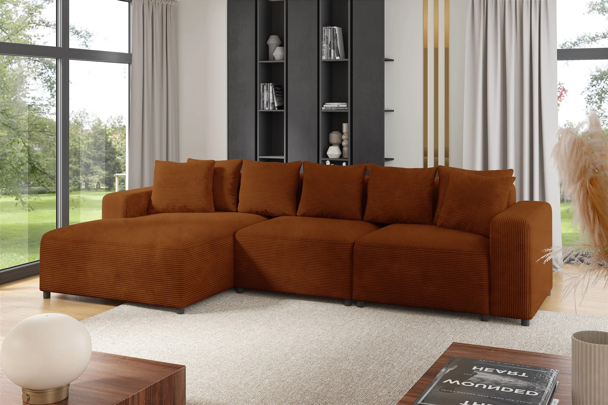 Ecksofa Designersofa Sofa MEGAN in Stoff Poso Rostbraun Ottomane Links - Fun Möbel