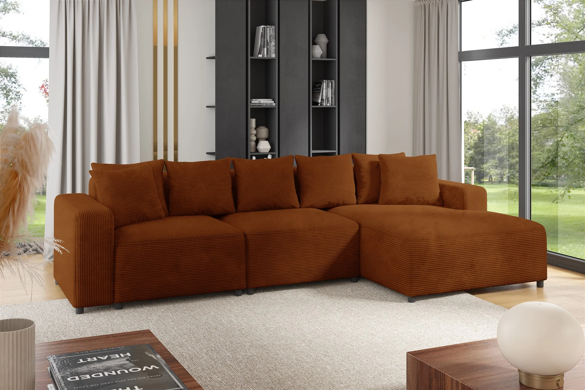 Ecksofa Designersofa Sofa MEGAN in Stoff Poso Rostbraun Ottomane Rechts - Fun Möbel