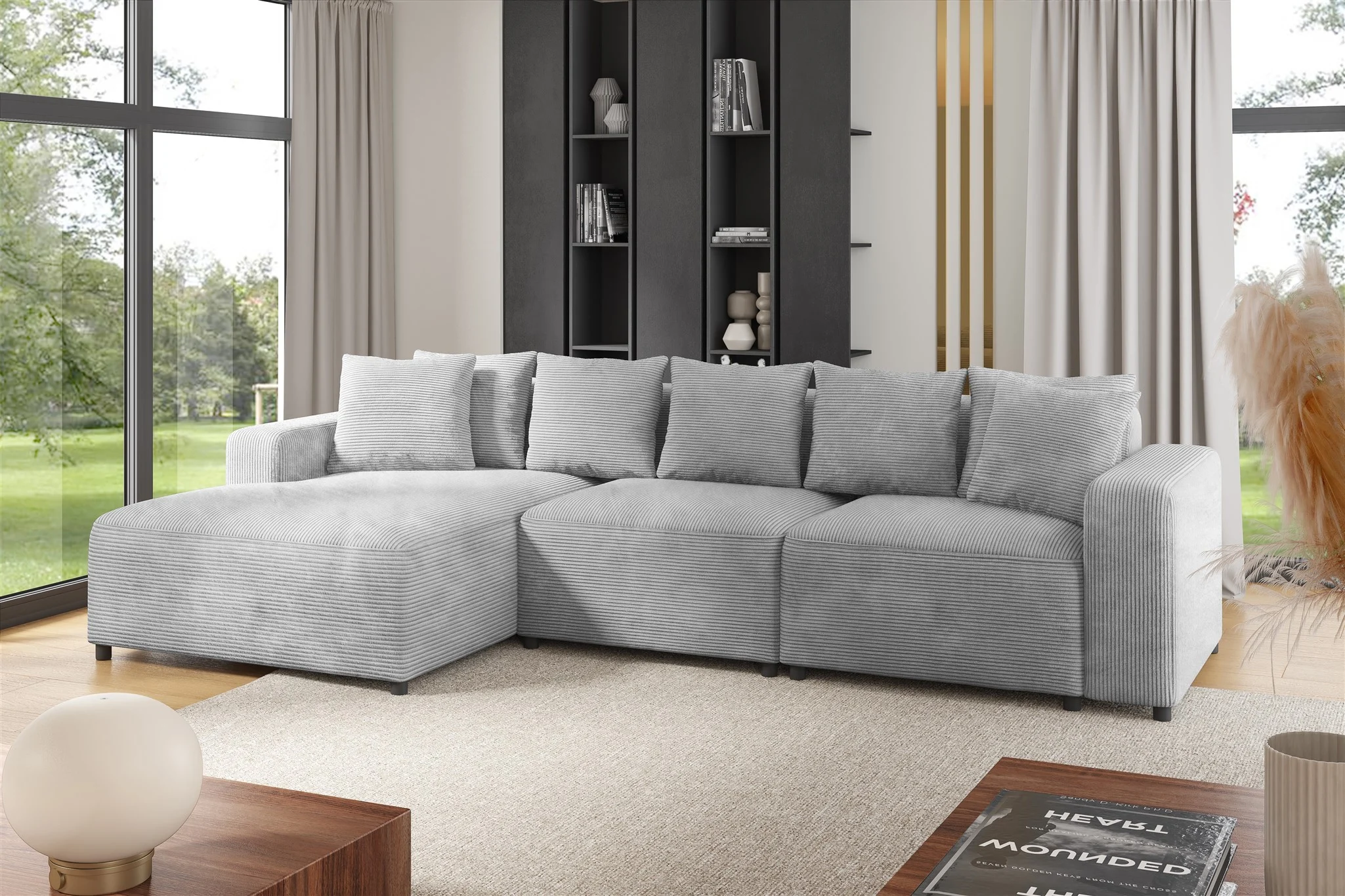 Ecksofa Designersofa Sofa MEGAN in Stoff Poso Hellgrau Ottomane Links - Fun Möbel