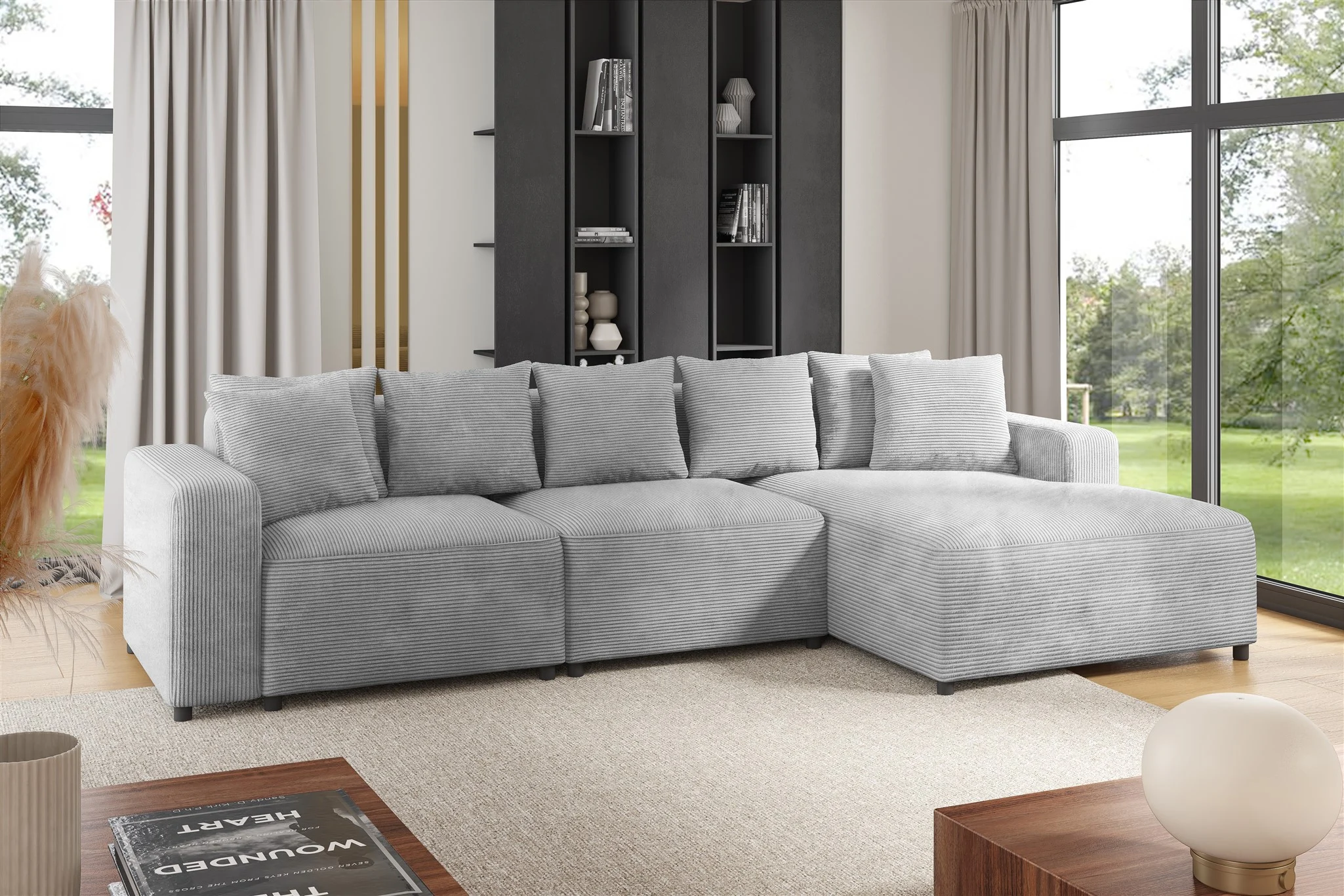 Ecksofa Designersofa Sofa MEGAN in Stoff Poso Hellgrau Ottomane Rechts - Fun Möbel