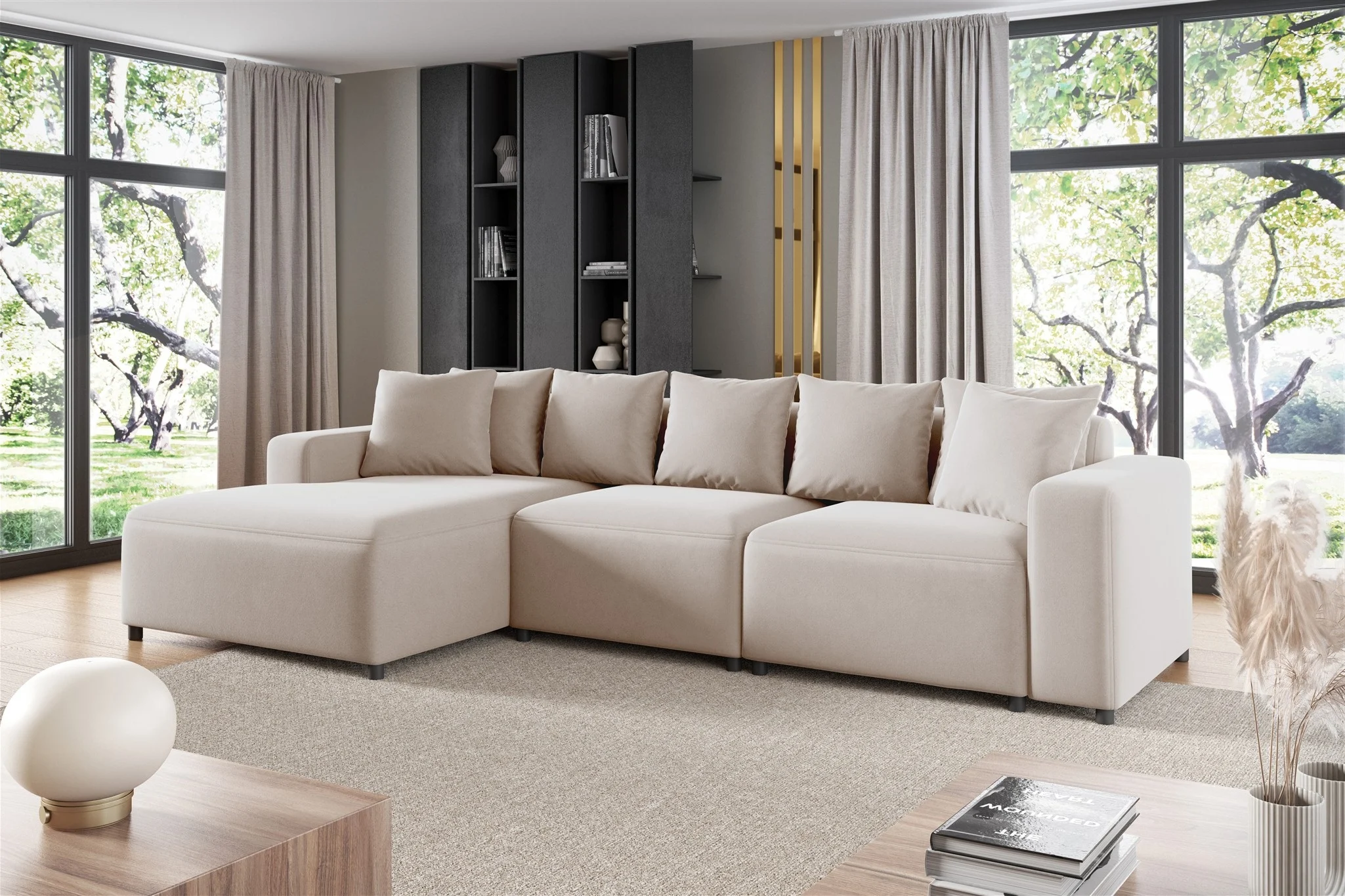 Ecksofa Designersofa Sofa MEGAN in Stoff Salvador Hellbeige Ottomane Links - Fun Möbel