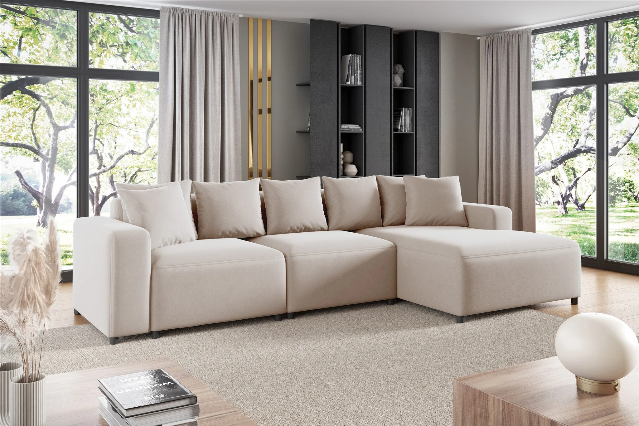 Ecksofa Designersofa Sofa MEGAN in Stoff Salvador Hellbeige Ottomane Rechts - Fun Möbel