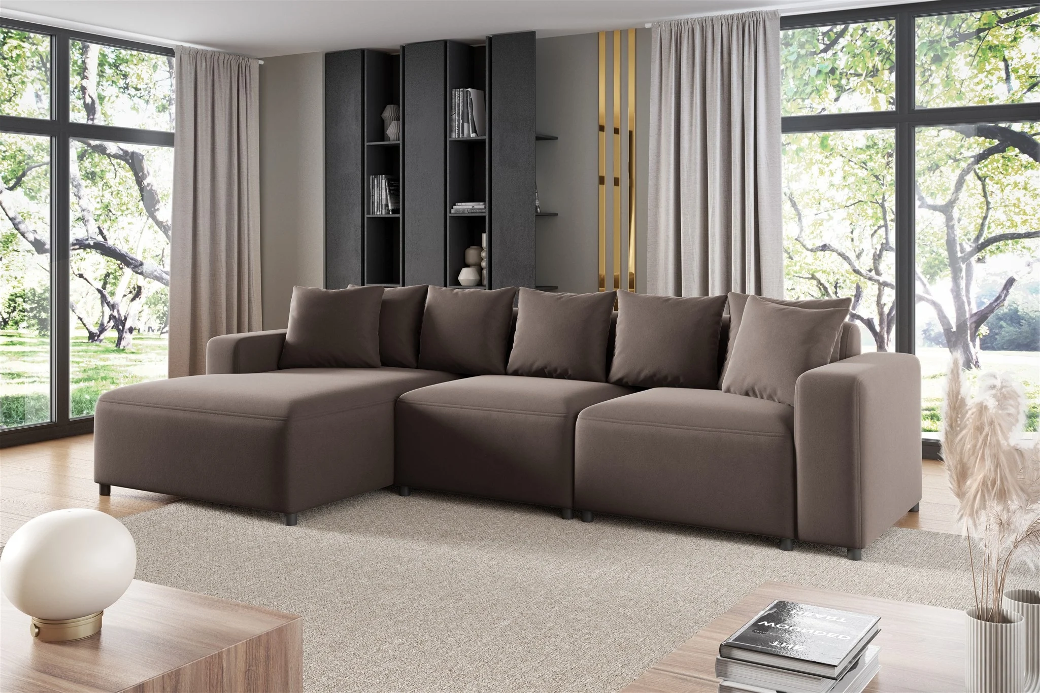 Ecksofa Designersofa Sofa MEGAN in Stoff Salvador Braun Ottomane Links - Fun Möbel