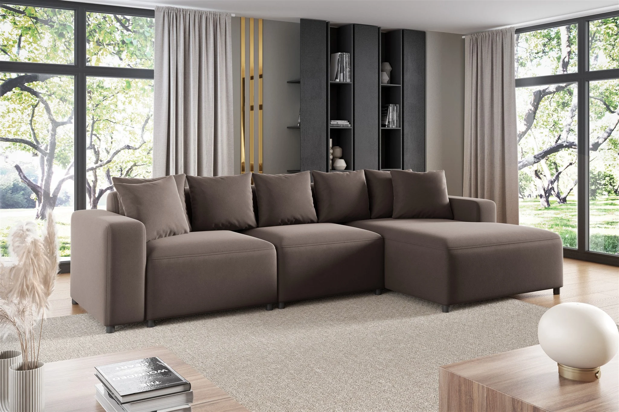 Ecksofa Designersofa Sofa MEGAN in Stoff Salvador Braun Ottomane Rechts - Fun Möbel