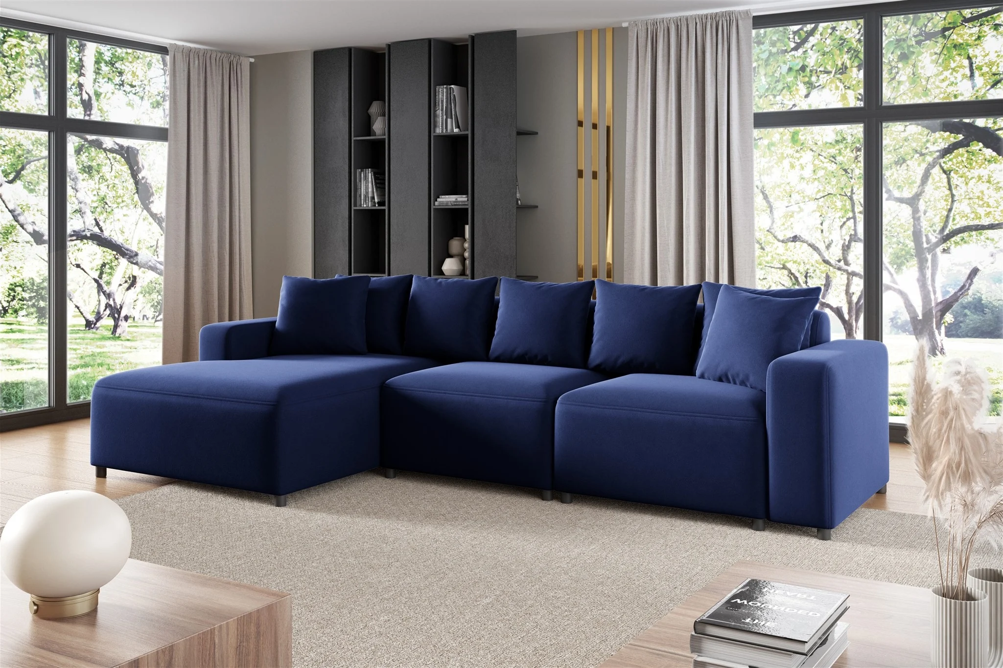 Ecksofa Designersofa Sofa MEGAN in Stoff Salvador Dunkelblau Ottomane Links - Fun Möbel