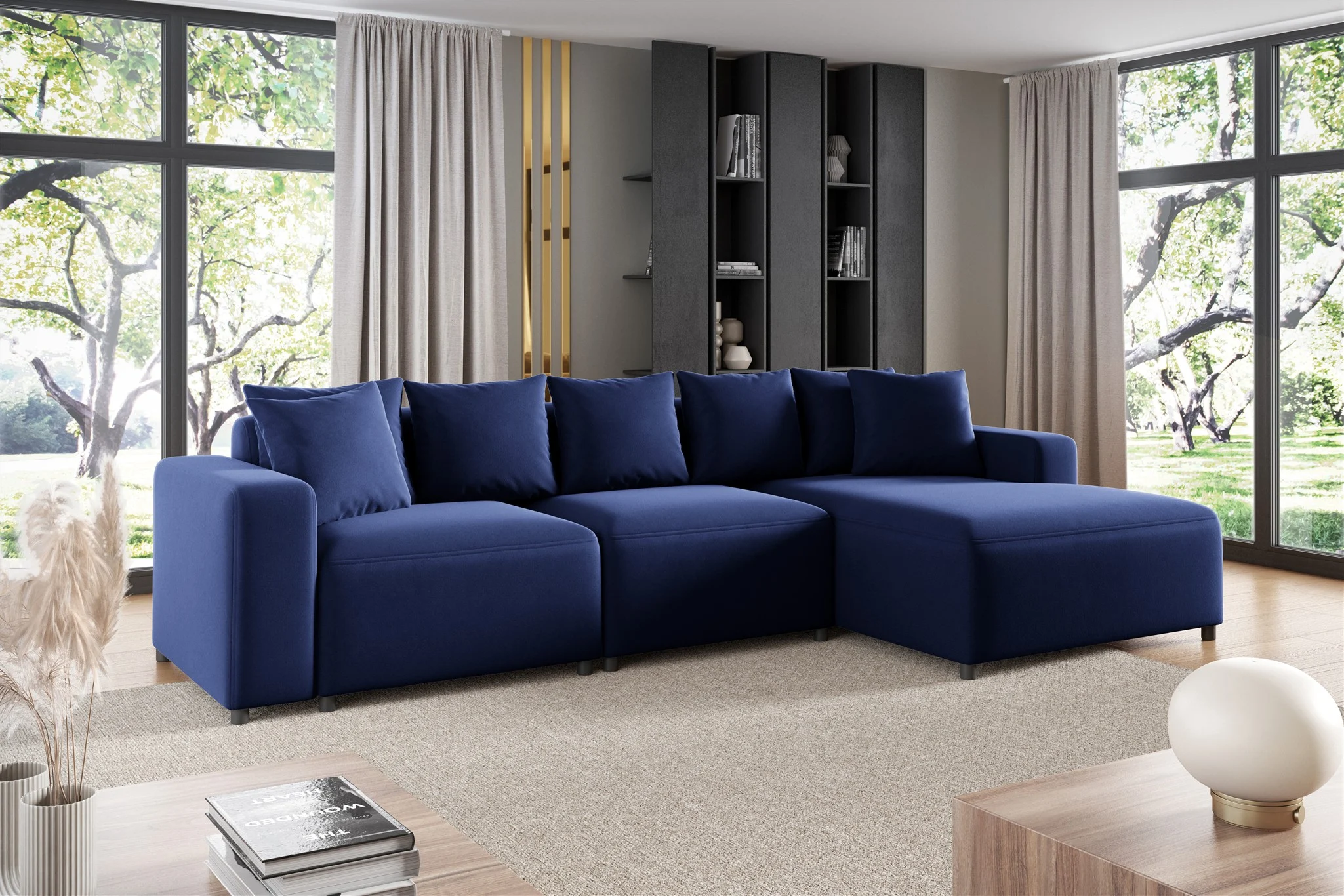 Ecksofa Designersofa Sofa MEGAN in Stoff Salvador Dunkelblau Ottomane Rechts - Fun Möbel