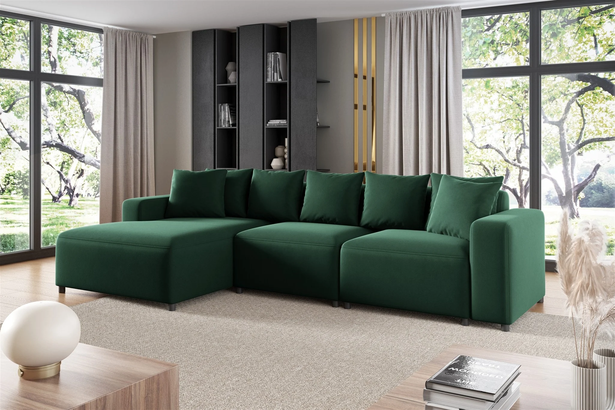 Ecksofa Designersofa Sofa MEGAN in Stoff Salvador Dunkelgrün Ottomane Links - Fun Möbel