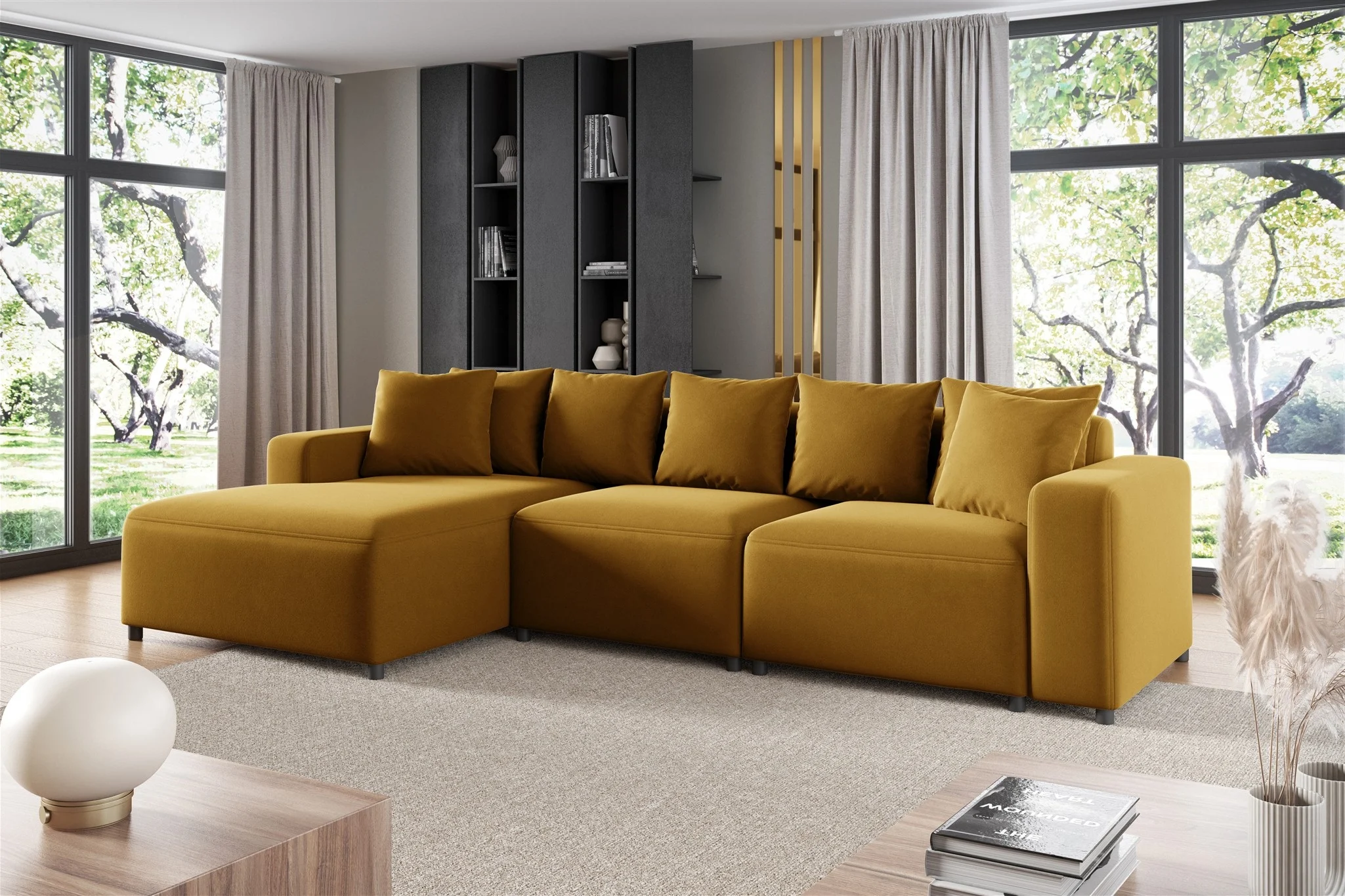 Ecksofa Designersofa Sofa MEGAN in Stoff Salvador Honiggelb Ottomane Links - Fun Möbel