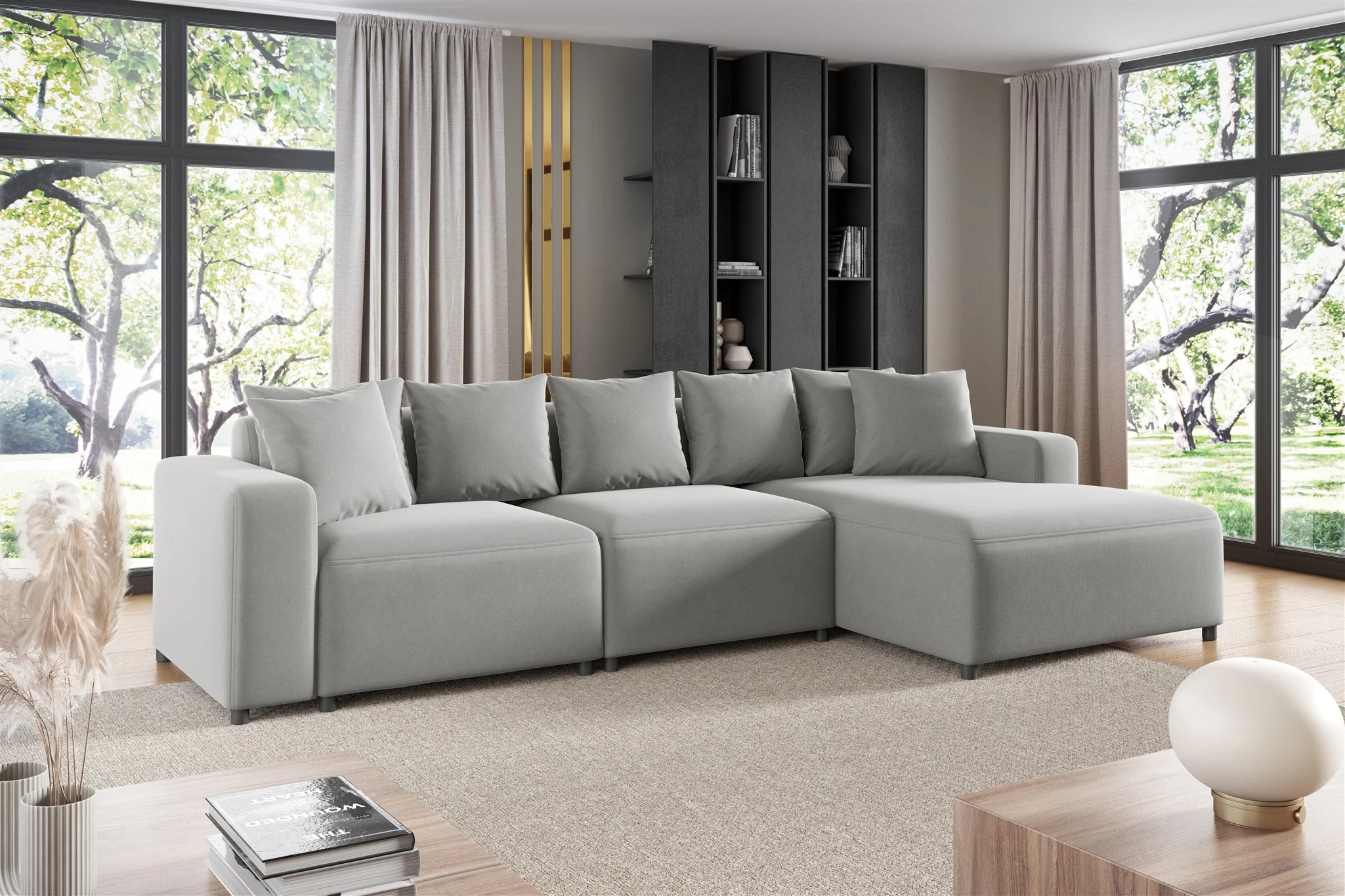 Ecksofa Designersofa Sofa MEGAN in Stoff Salvador Hellgrau Ottomane Rechts - Fun Möbel