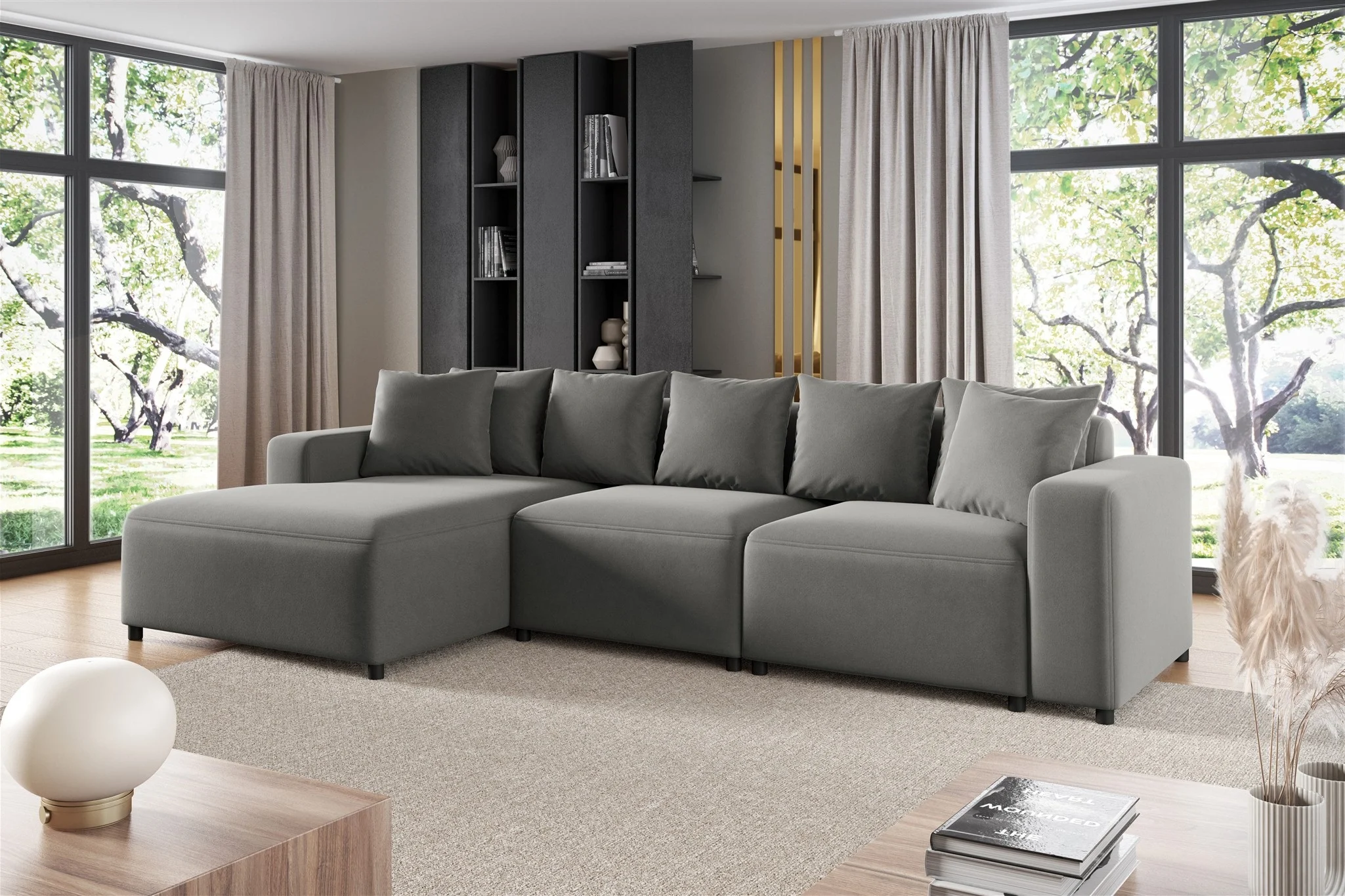 Ecksofa Designersofa Sofa MEGAN in Stoff Salvador Grau Ottomane Links - Fun Möbel
