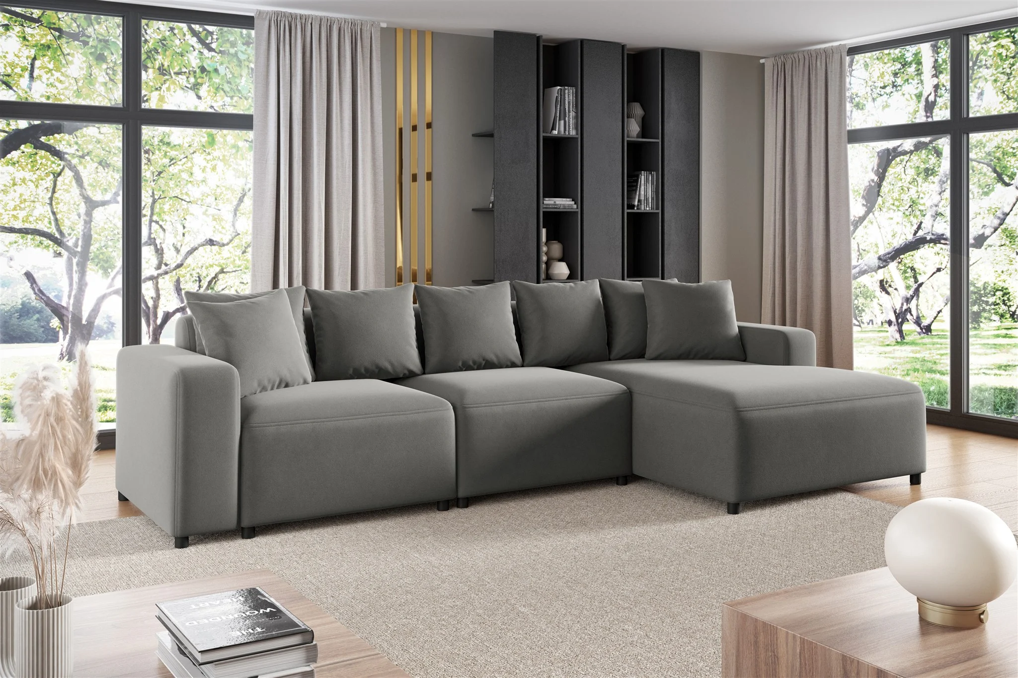 Ecksofa Designersofa Sofa MEGAN in Stoff Salvador Grau Ottomane Rechts - Fun Möbel