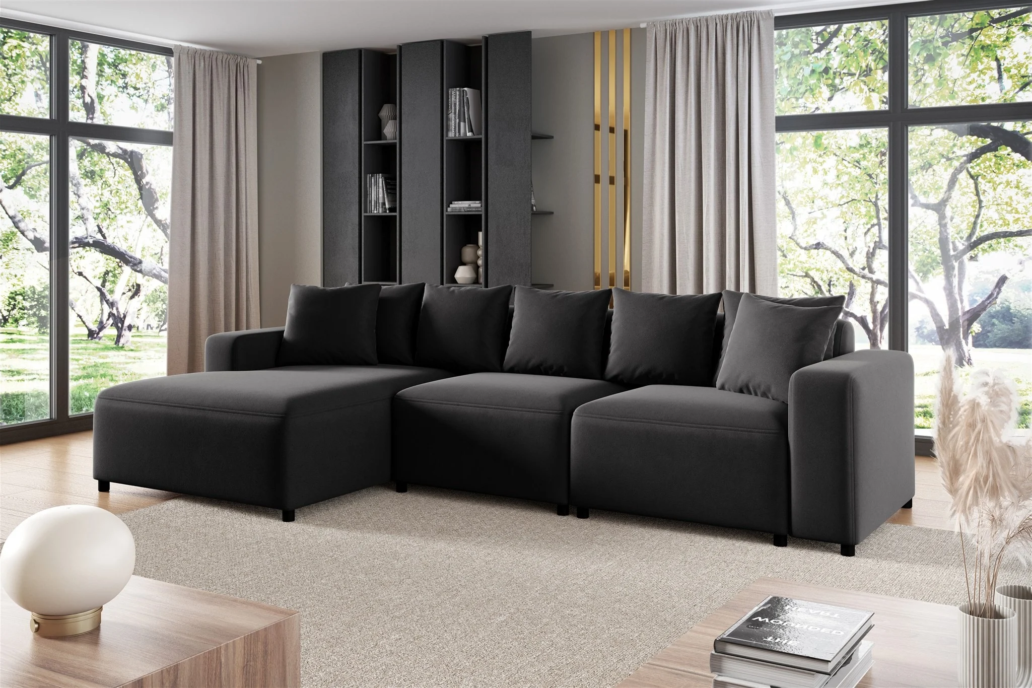 Ecksofa Designersofa Sofa MEGAN in Stoff Salvador Schwarz Ottomane Links - Fun Möbel