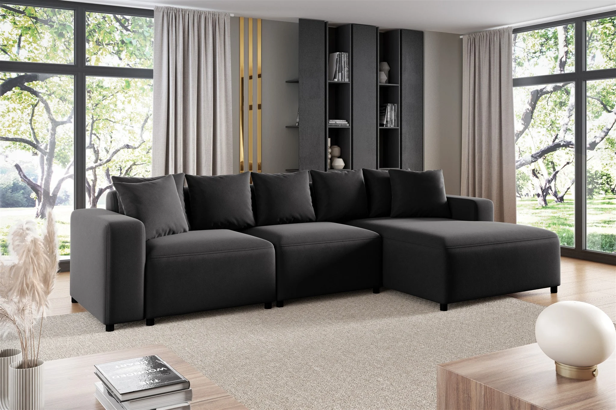 Ecksofa Designersofa Sofa MEGAN in Stoff Salvador Schwarz Ottomane Rechts - Fun Möbel