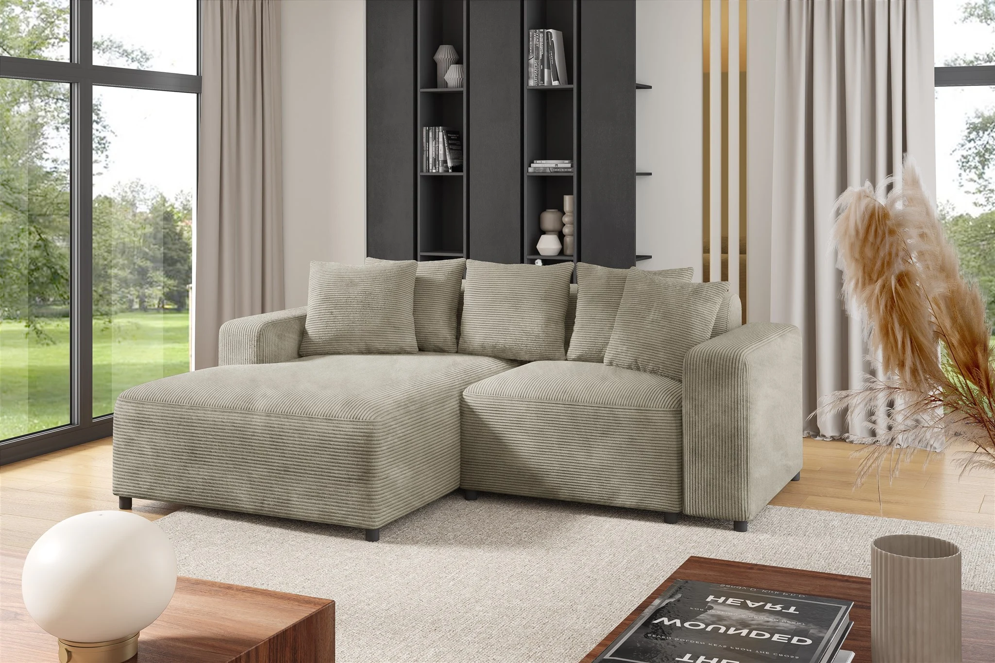 Ecksofa Designersofa Sofa MEGAN XS in Stoff Poso Beige Ottomane Links - Fun Möbel